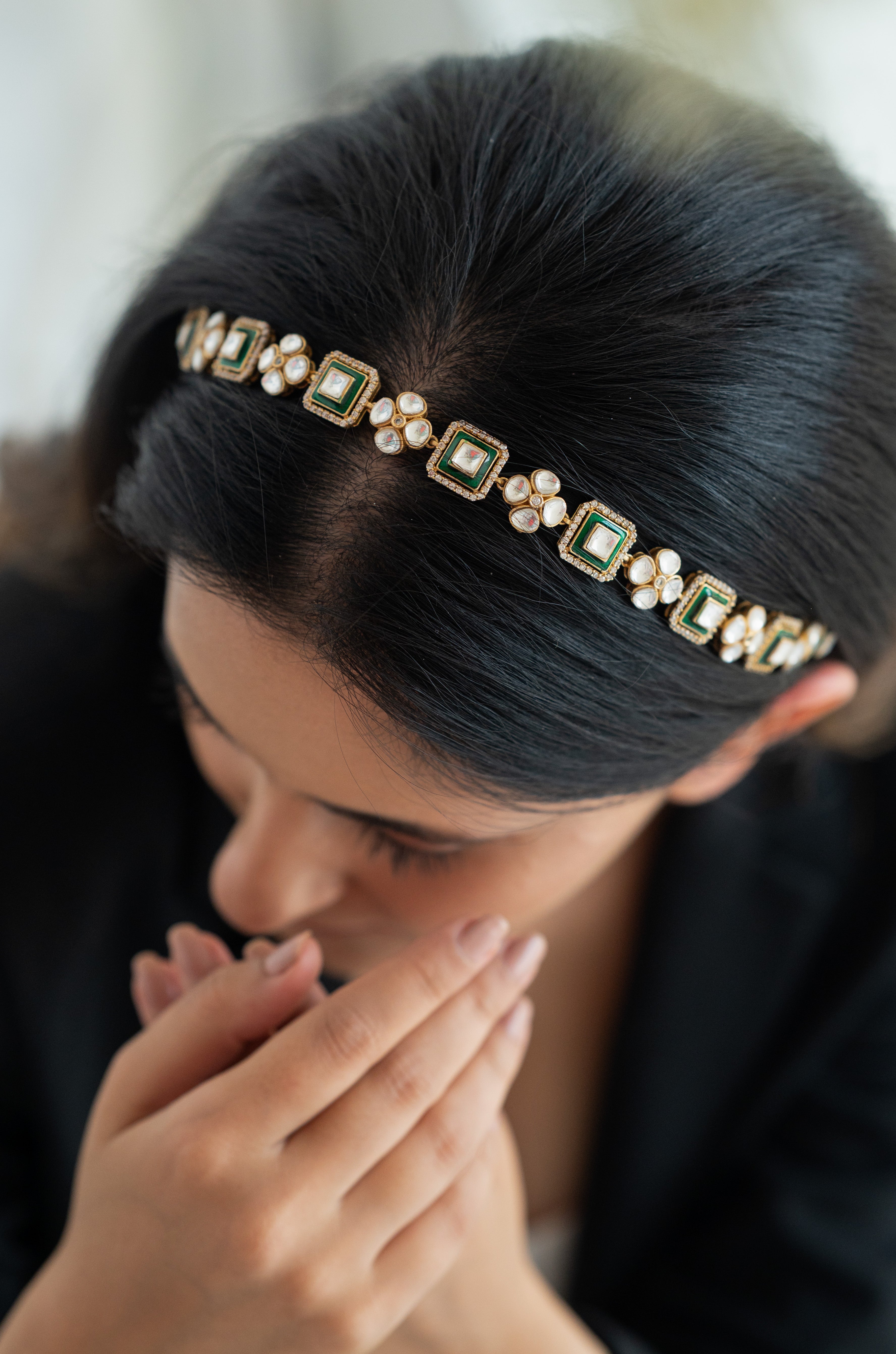 Green Kundan Meenakari and Floral Headband Matha Patti