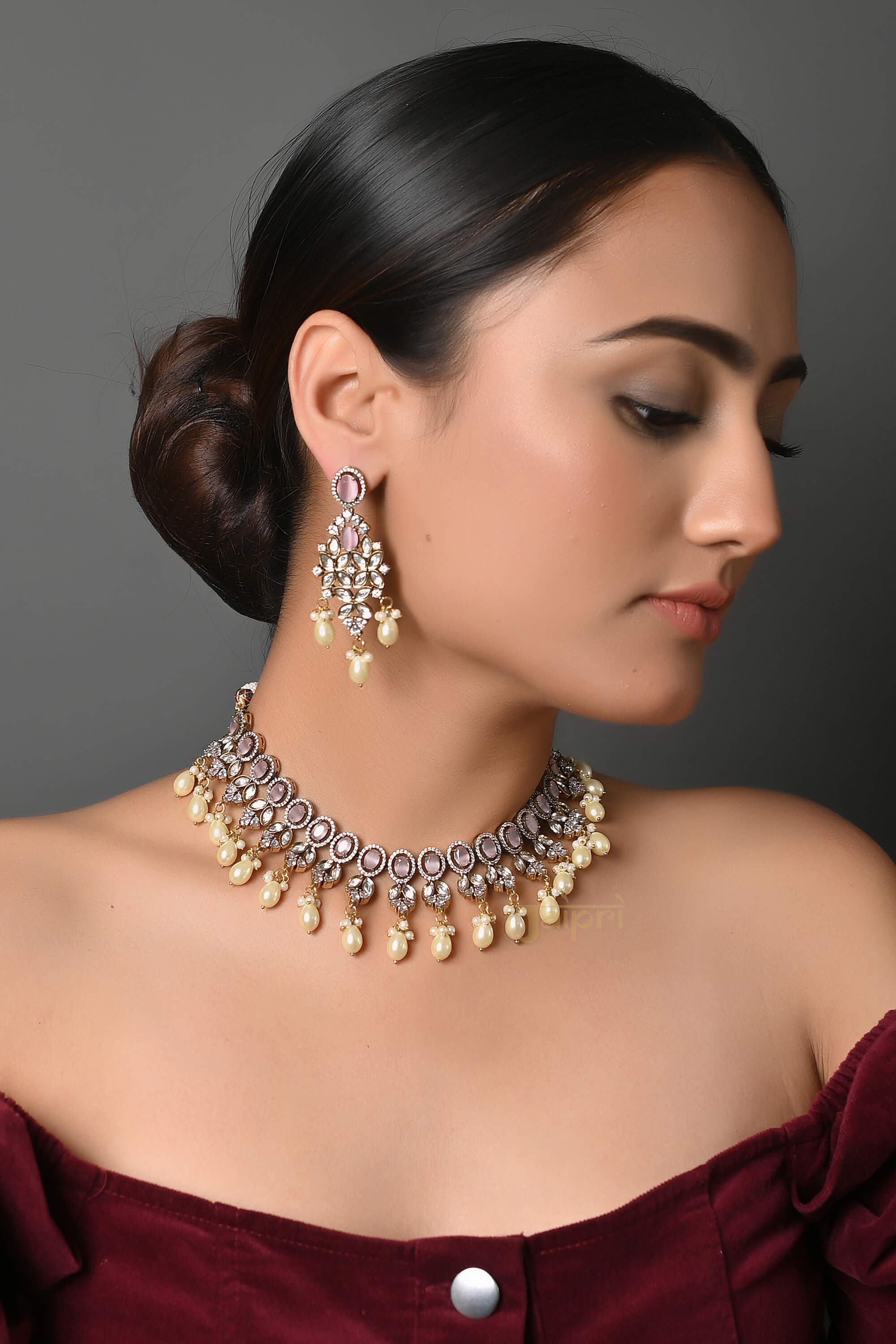 Rose Quartz Stone Pearl American Diamond Necklace With Earrings