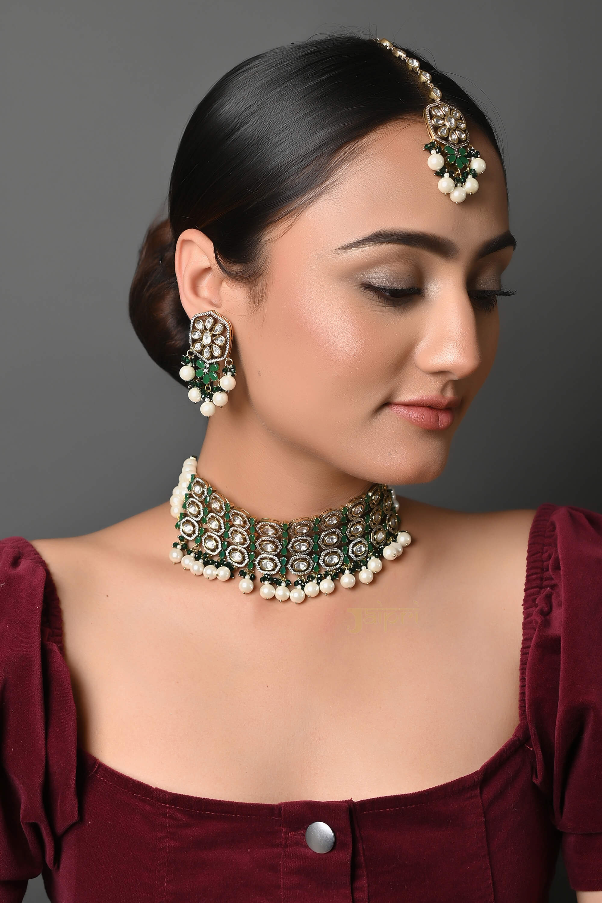 Kundan Polki Choker Necklace Set With Earrings And Maang Tikka