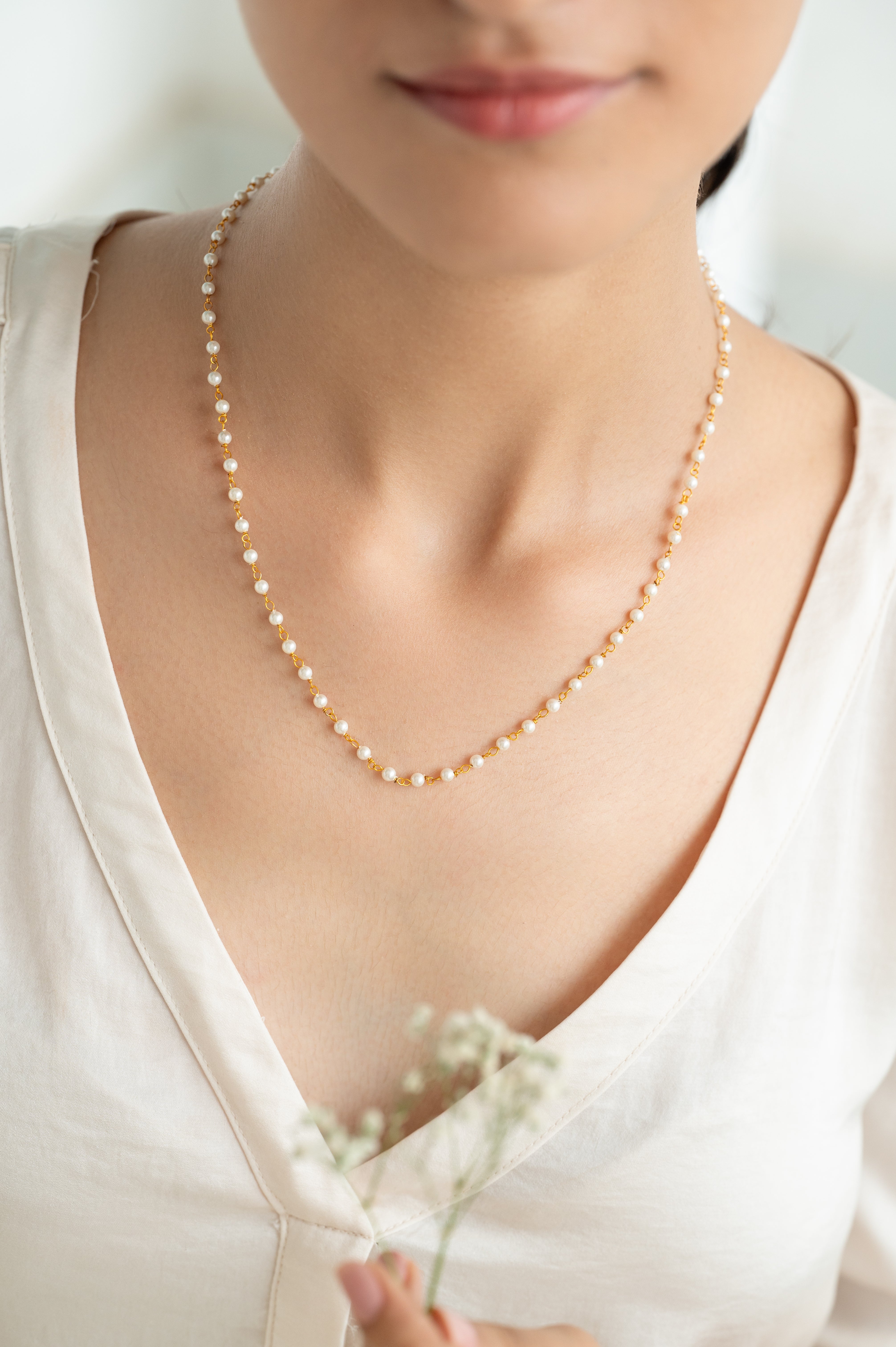 Dainty Pearl Chain Daily Wear Necklace with Gold Accents