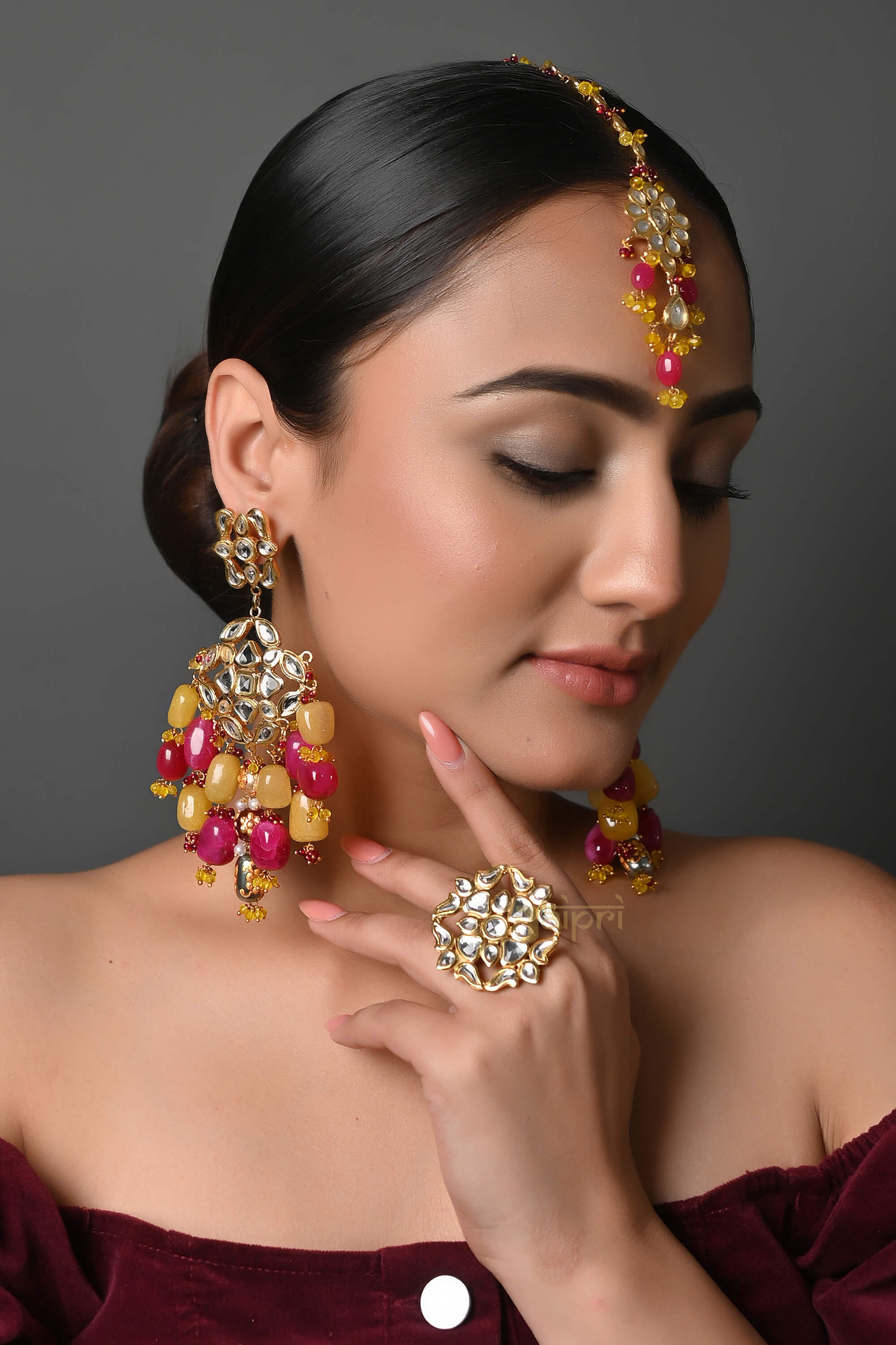 22k Gold Plated Kundan Earring And Tikka Set With Freesize Ring