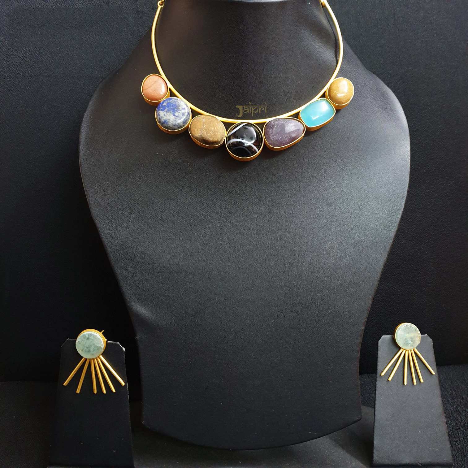 Multicolor natural Stone Gold Choker Necklace With Earrings