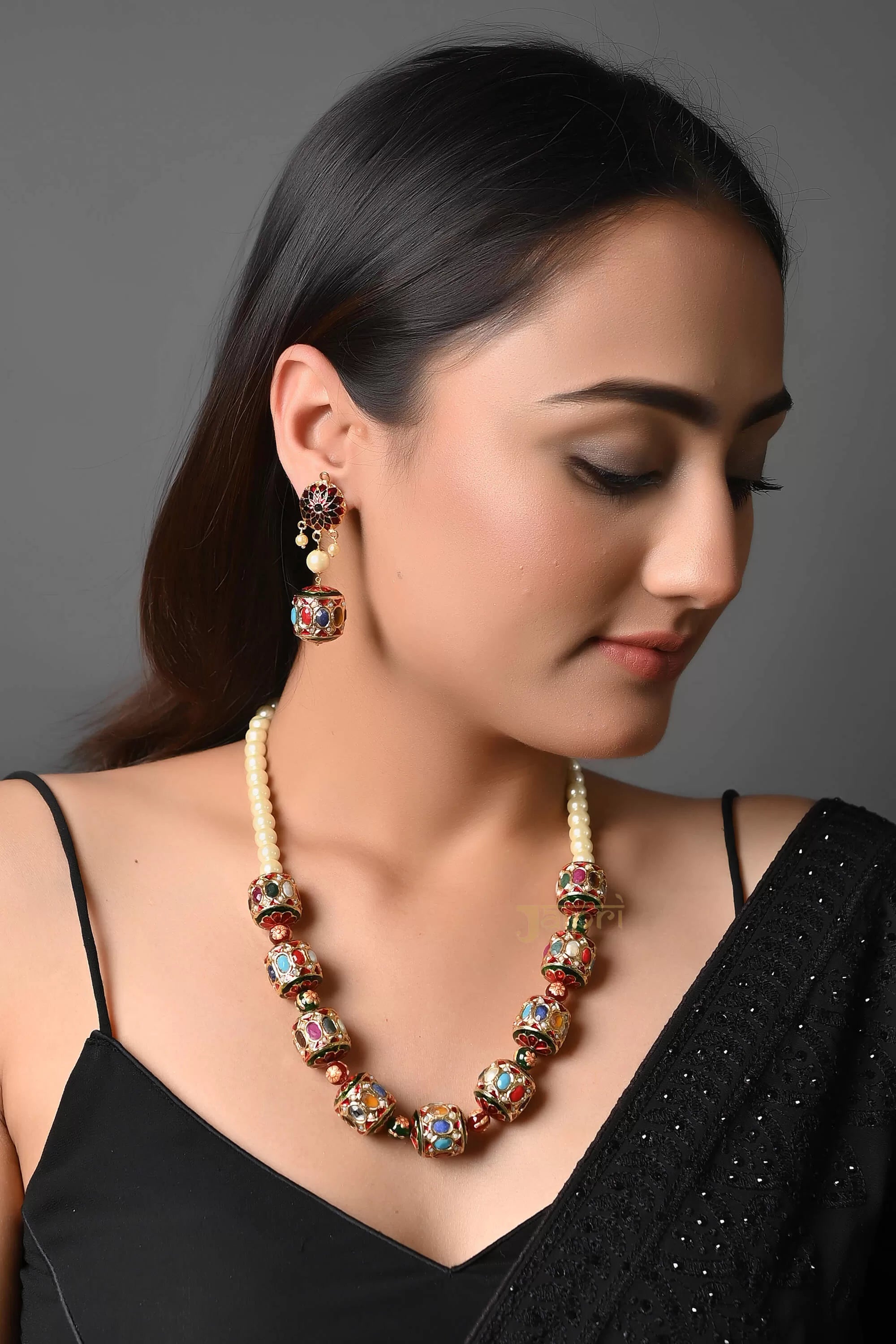 Navratana Jadau Beads Necklace With Earrings Jaipri