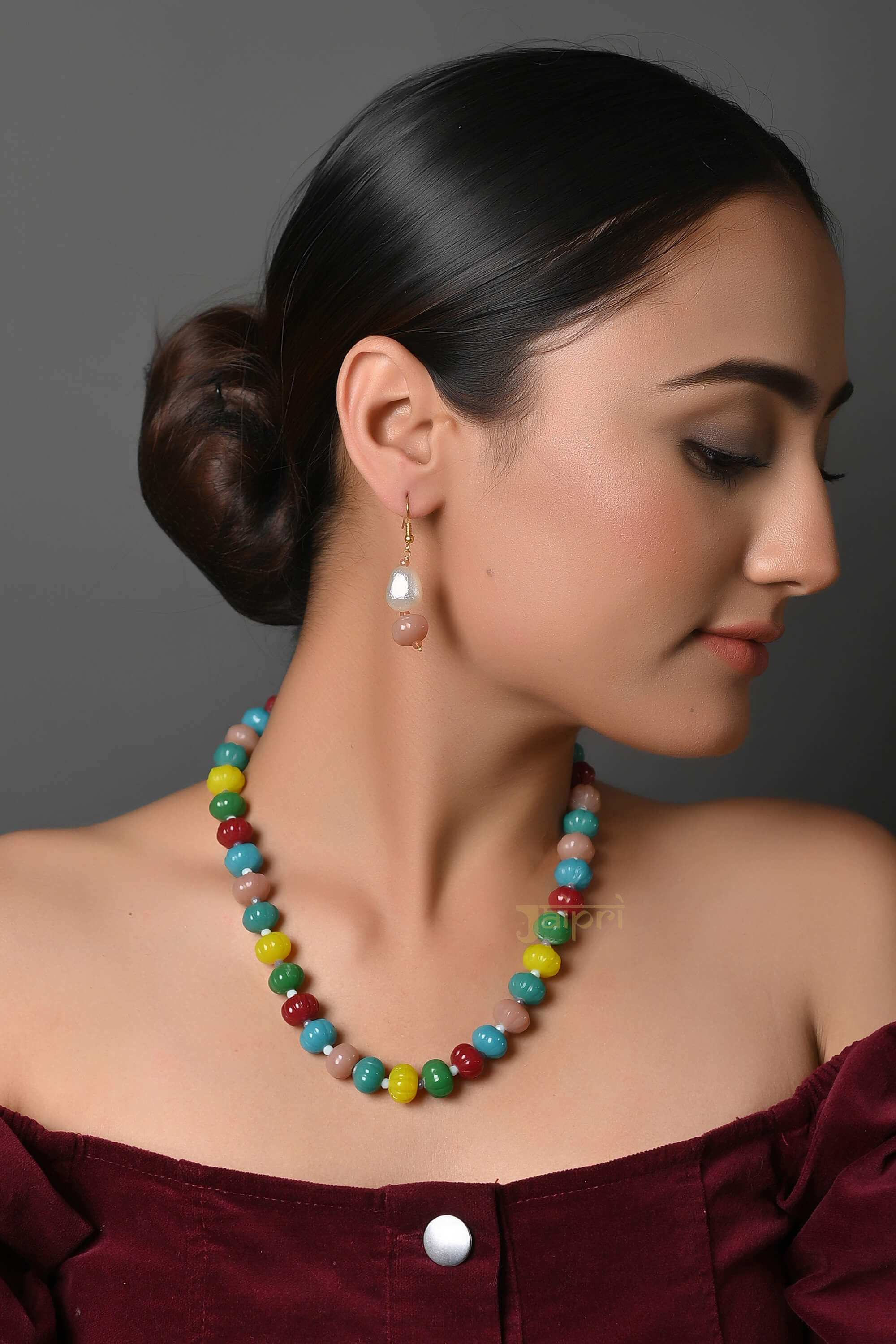 Pumpkin Beads Mala With Earrings