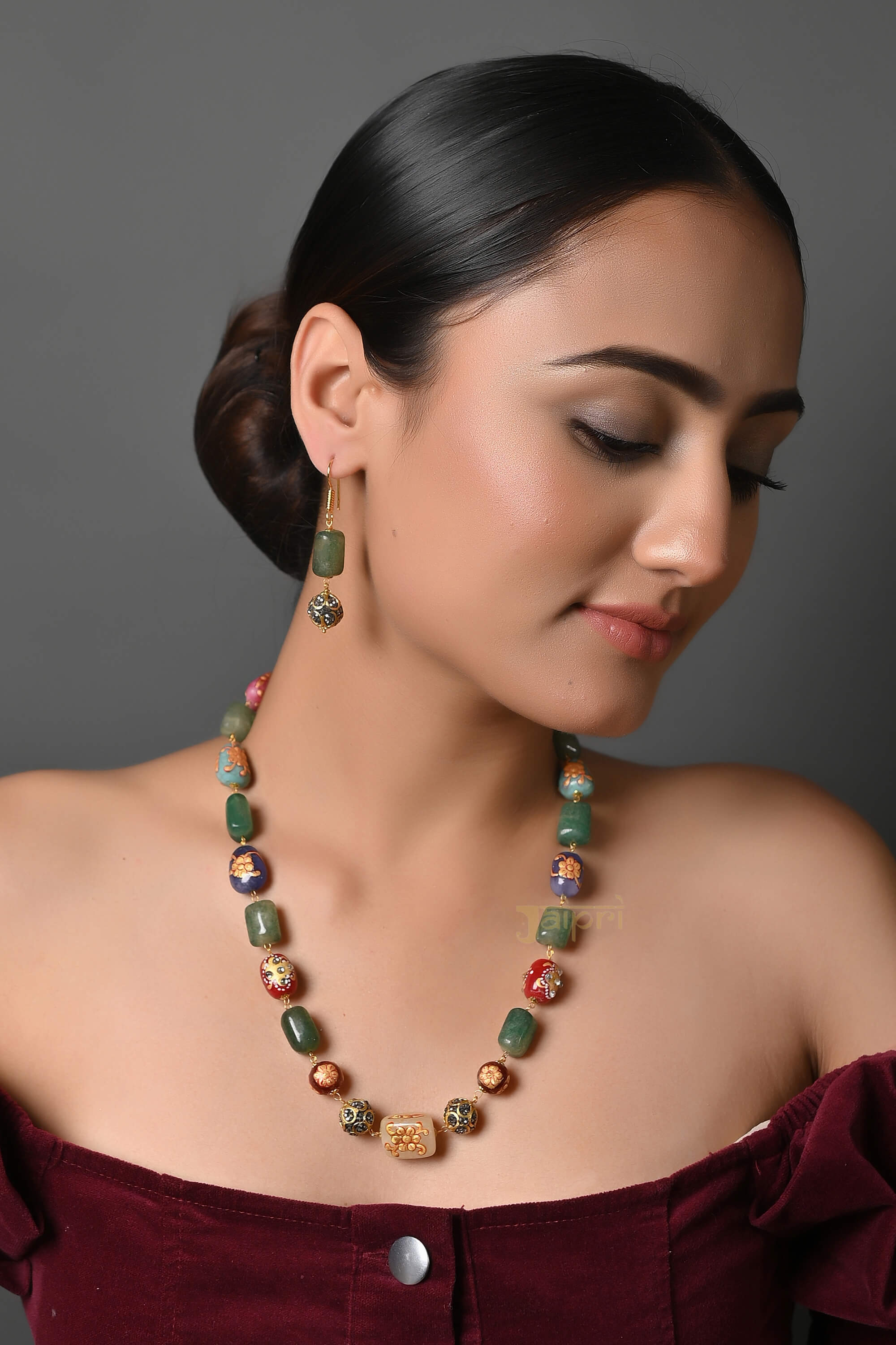 Multicolor Beads Stone Floral Necklace With Earrings
