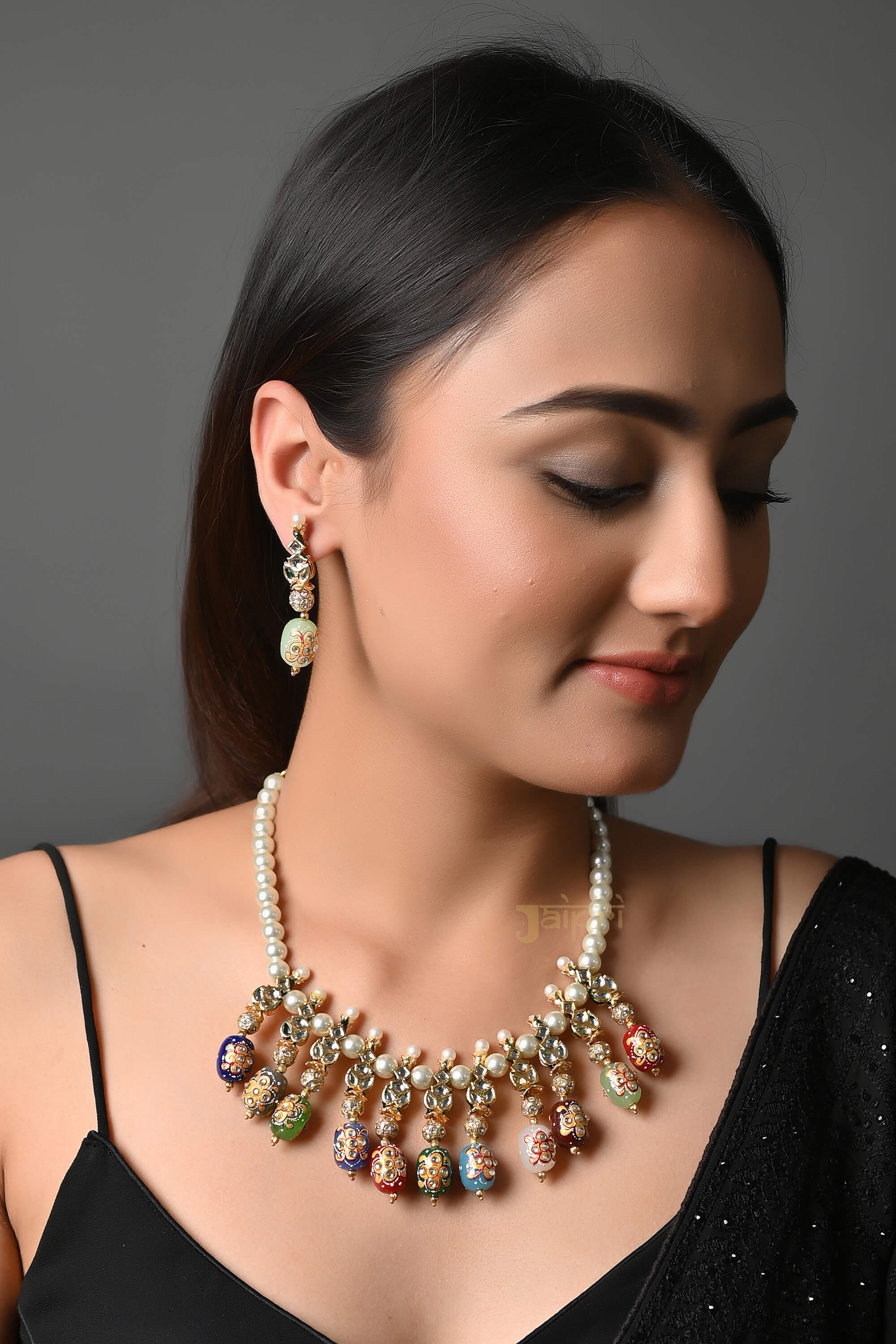 Adorable Kundan & Multicolor Beads Stone Necklace With Earrings
