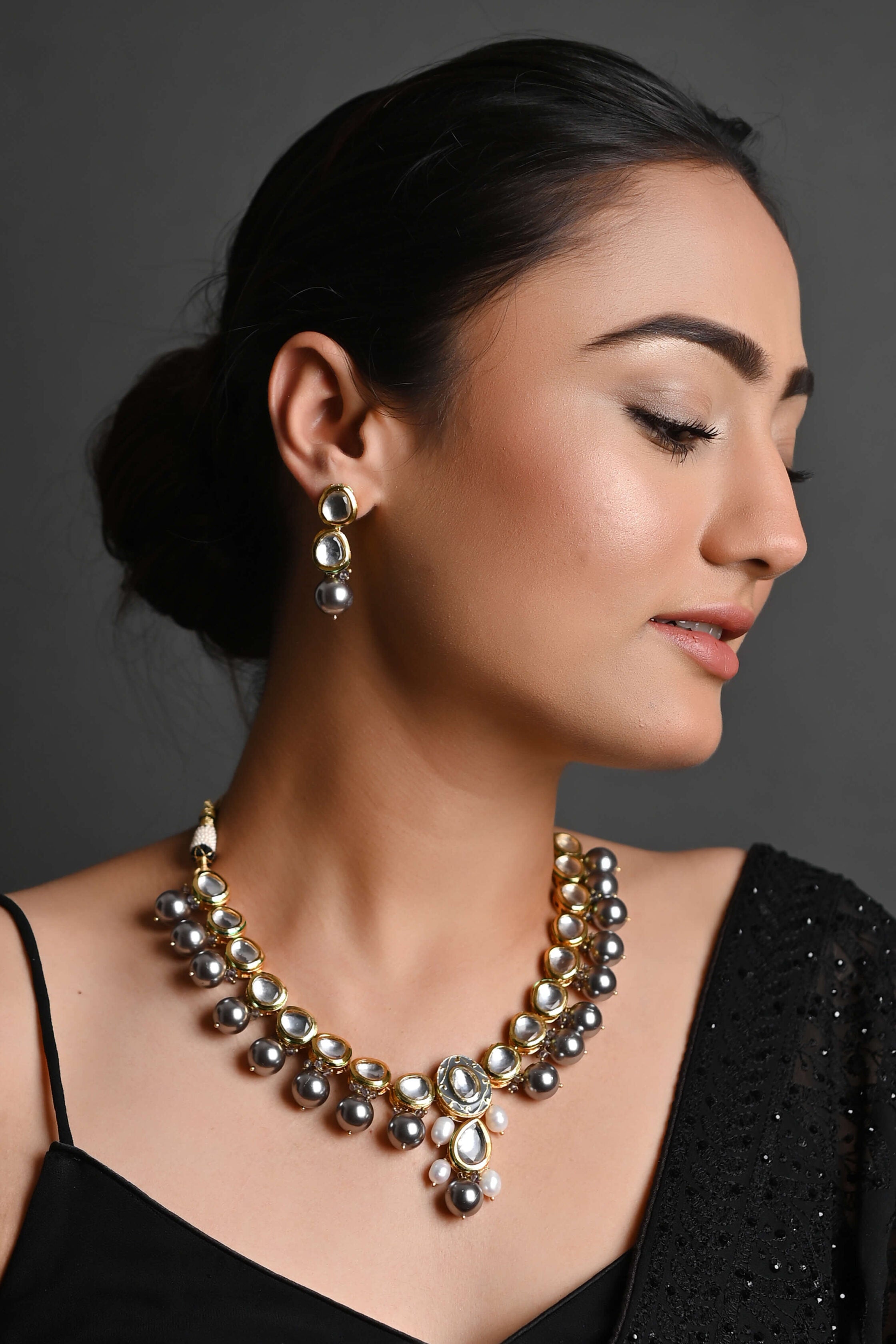 Tear-Drop Kundan & Pearl Beads Stone Gold Necklace With Earrings