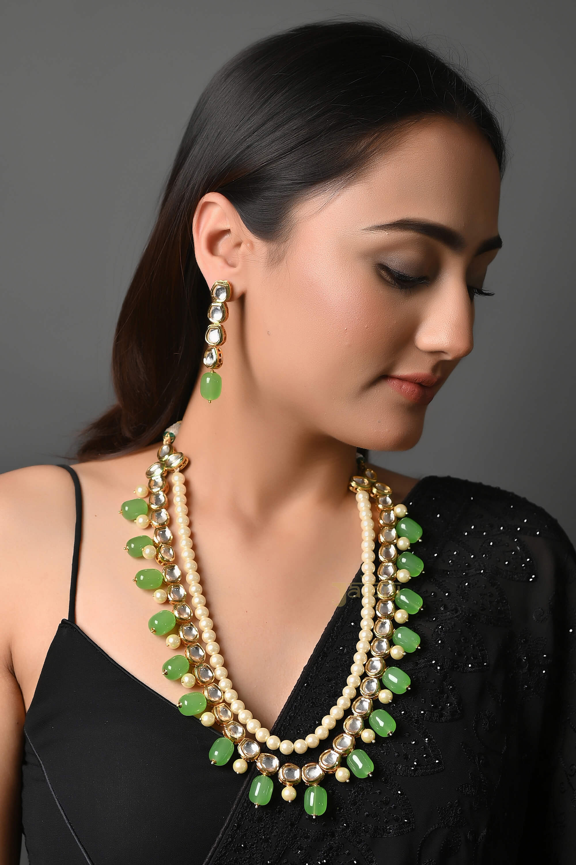 Designer Kundan & Green With Pearl Beads Stone Necklace With Earrings