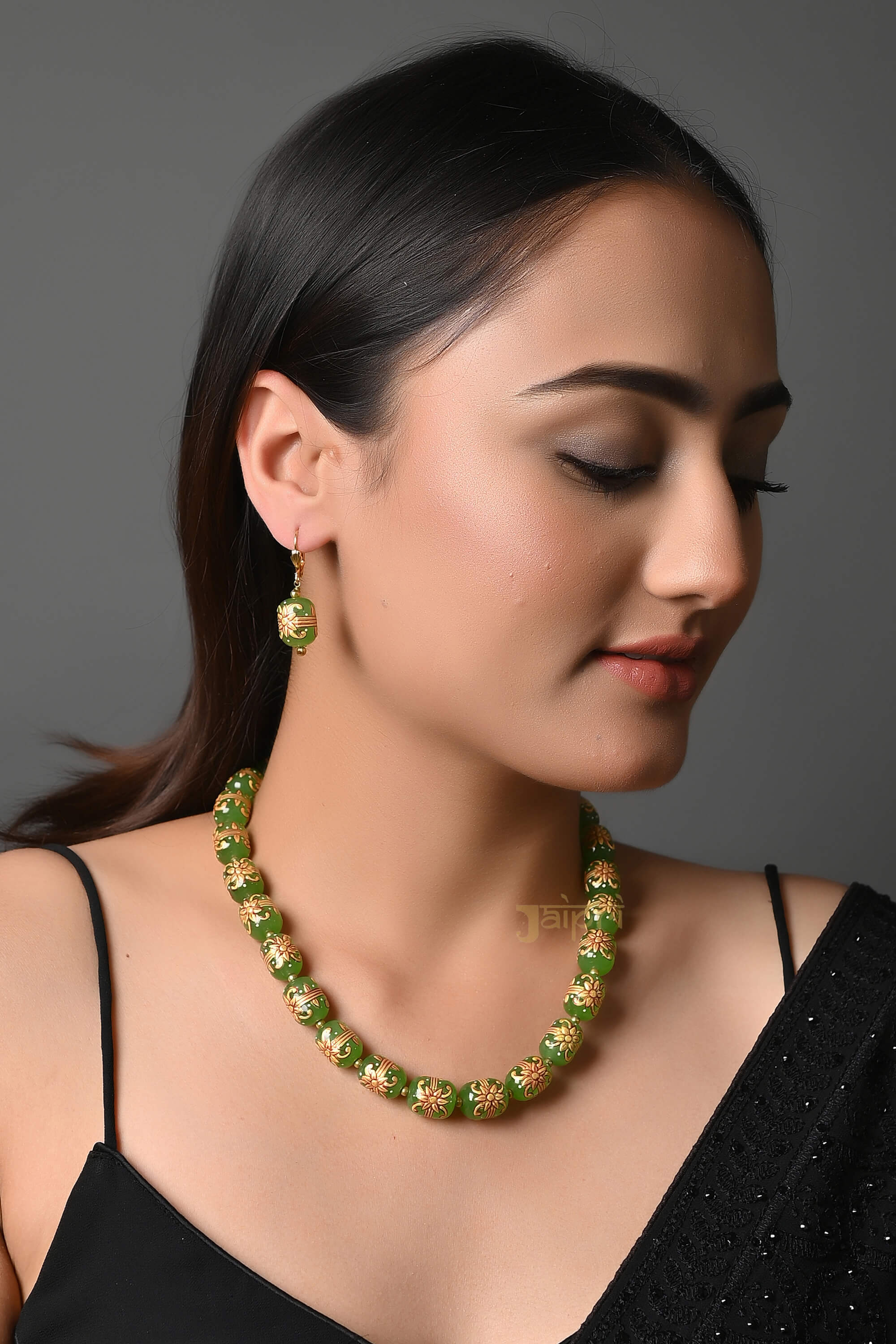 Green Tanjore Meenakari Beaded Necklace With Earrings