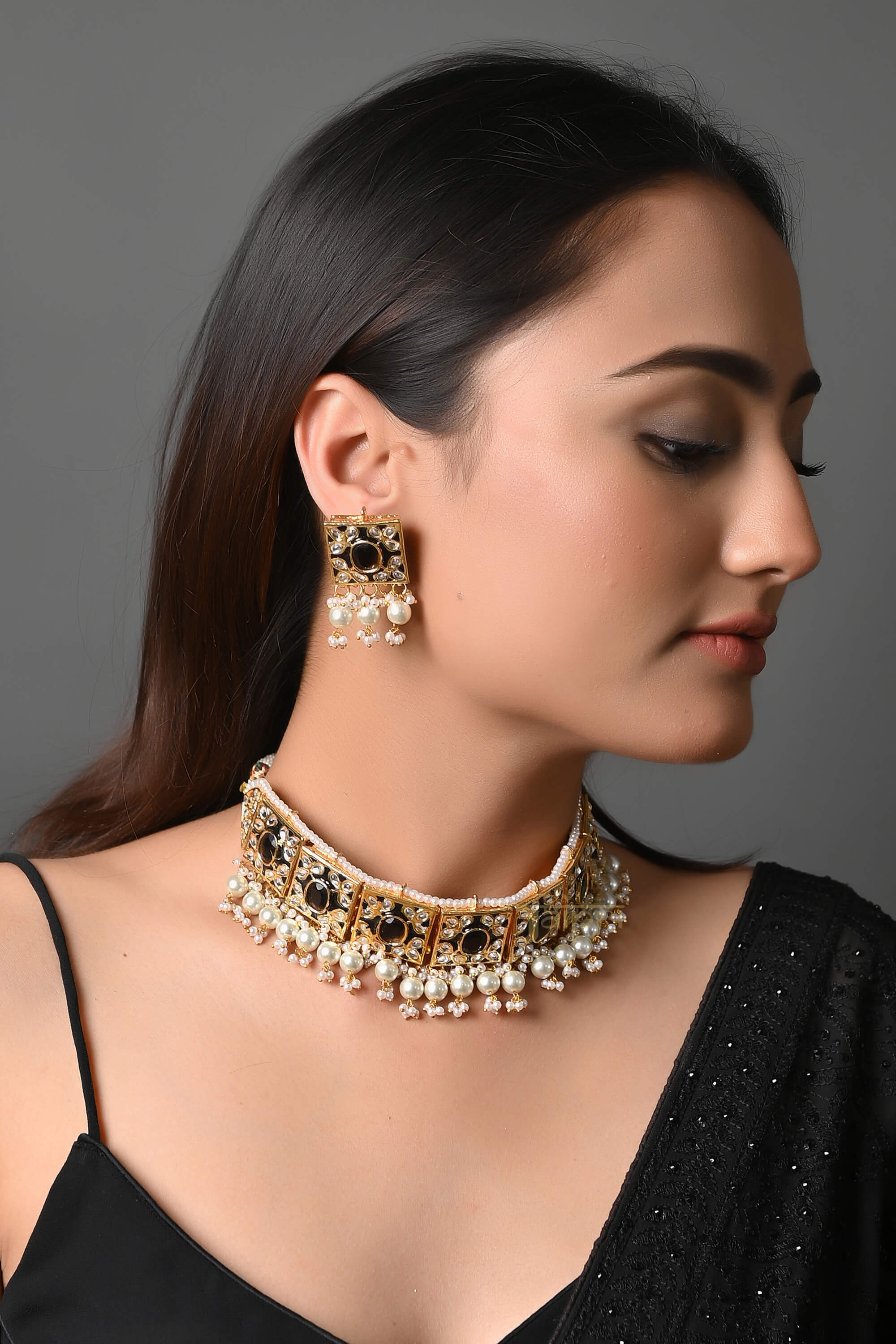 Black Stone Meenakari Choker Necklace Set