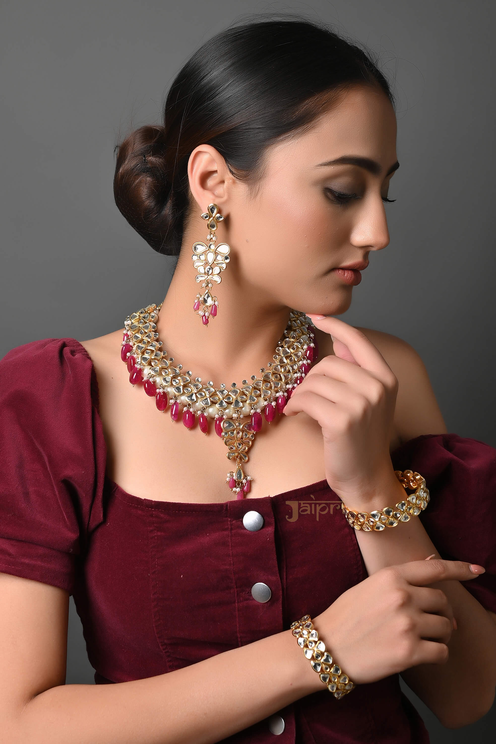 22k Gold Plated Kundan Necklace With Earrings And Bangles