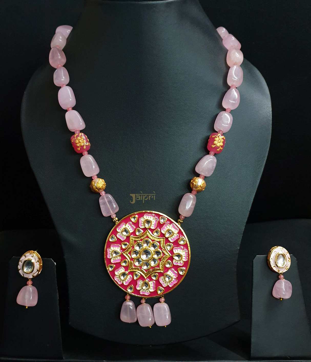 Rose Quartz Beads Stone Meenakari Pendant With Earrings