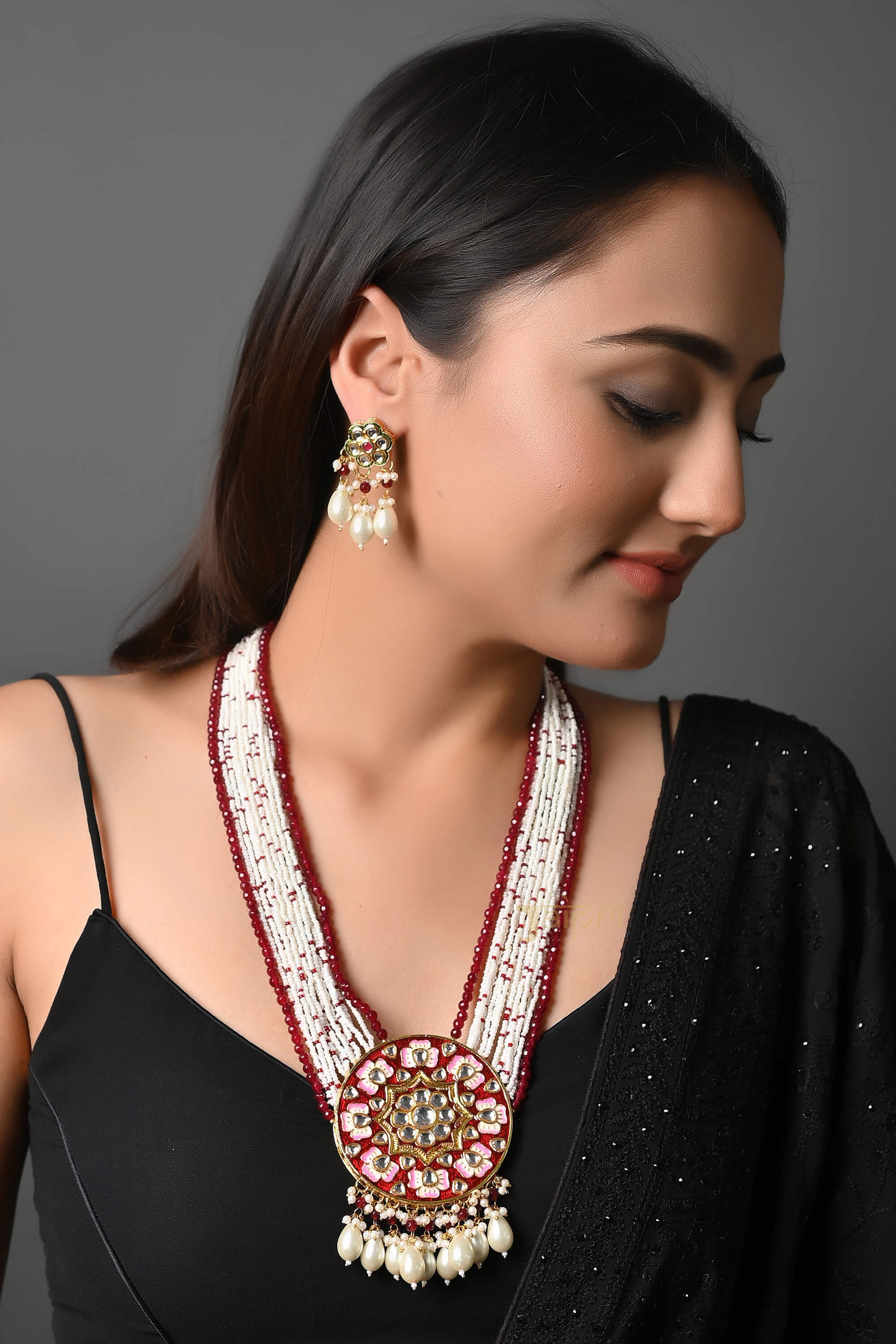 Designer Pearl Beads Stone Meenakari Pendant With Earrings