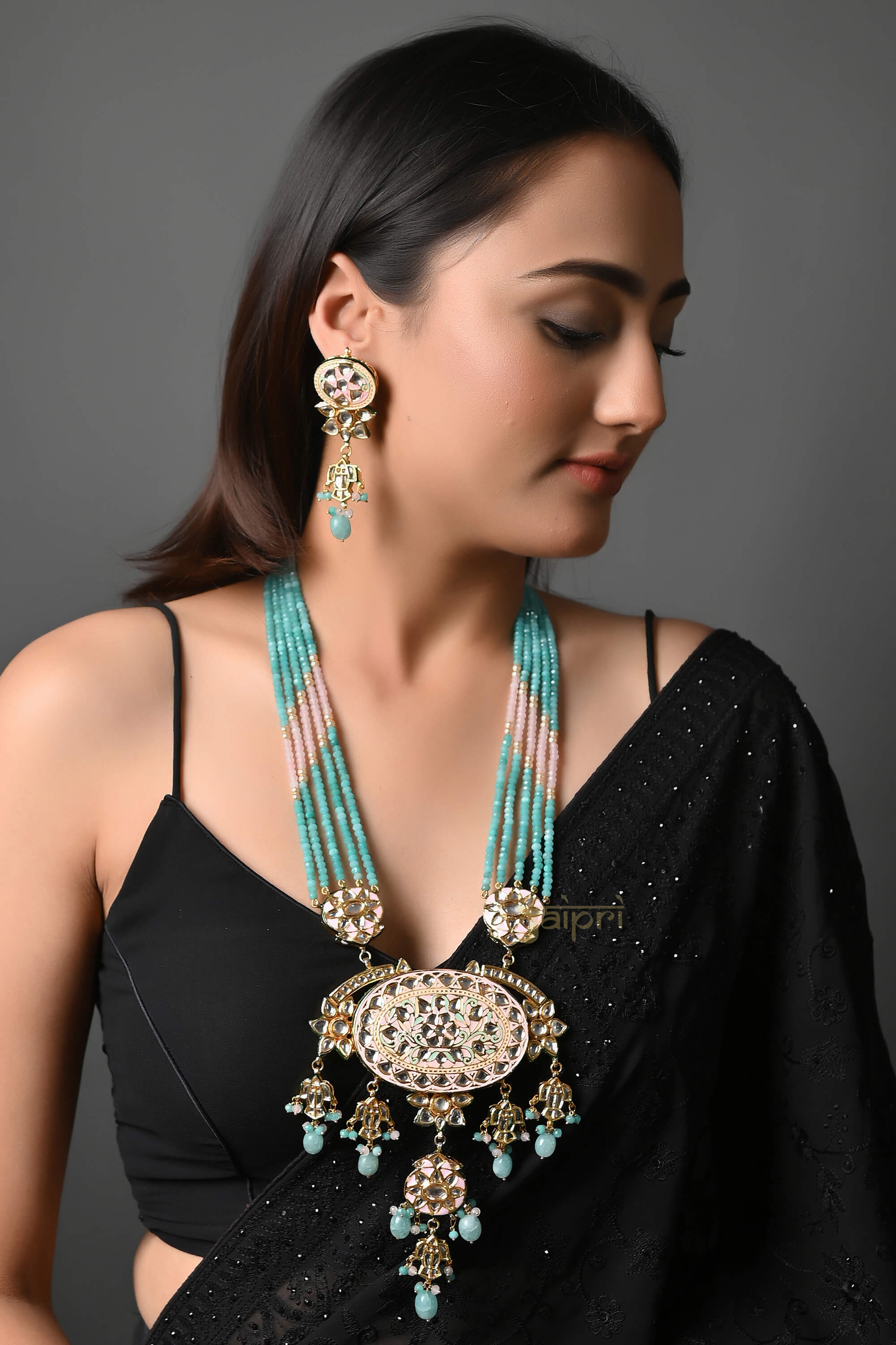 Kundan Meenakari Stone Beaded Long Pendant Set