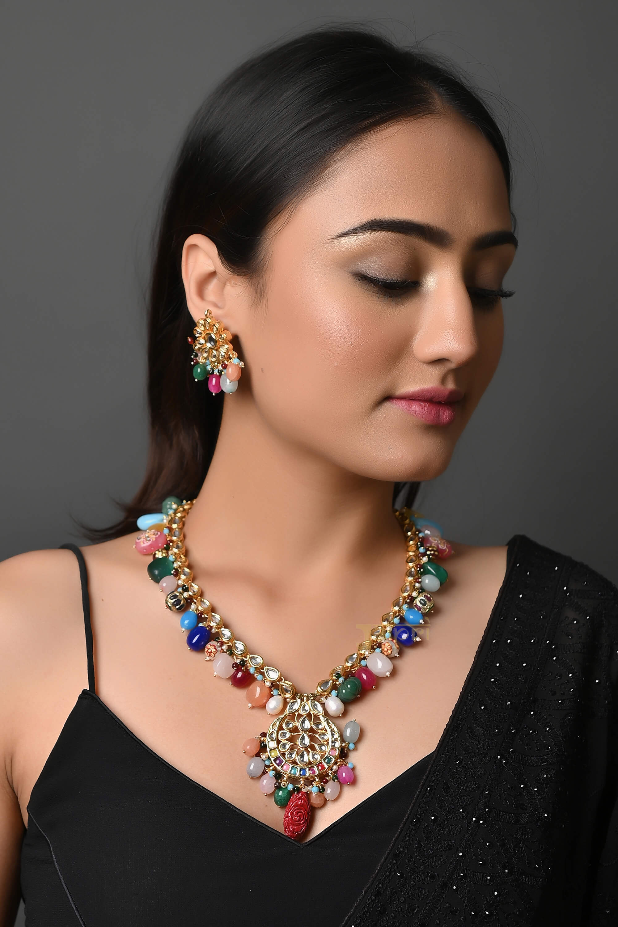 Multi Color Kundan Pendant Set With Earrings