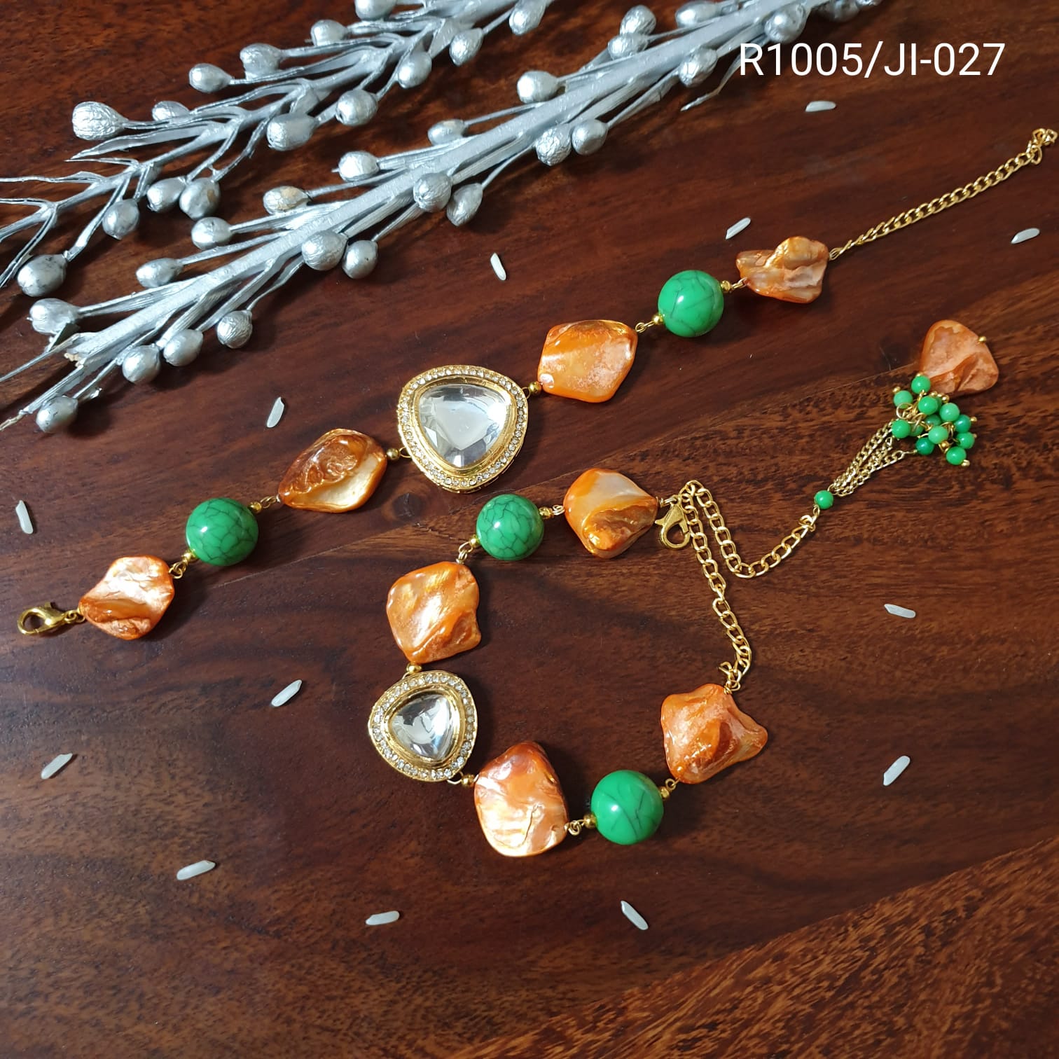 Orange Shell Pearl Kundan Rakhi For Brother Bhabhi For Rakshabandhan