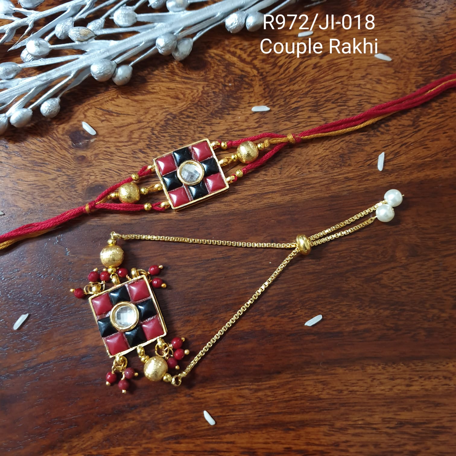 Red Kundan Stone Rakhi For Bhaiya Bhabhi