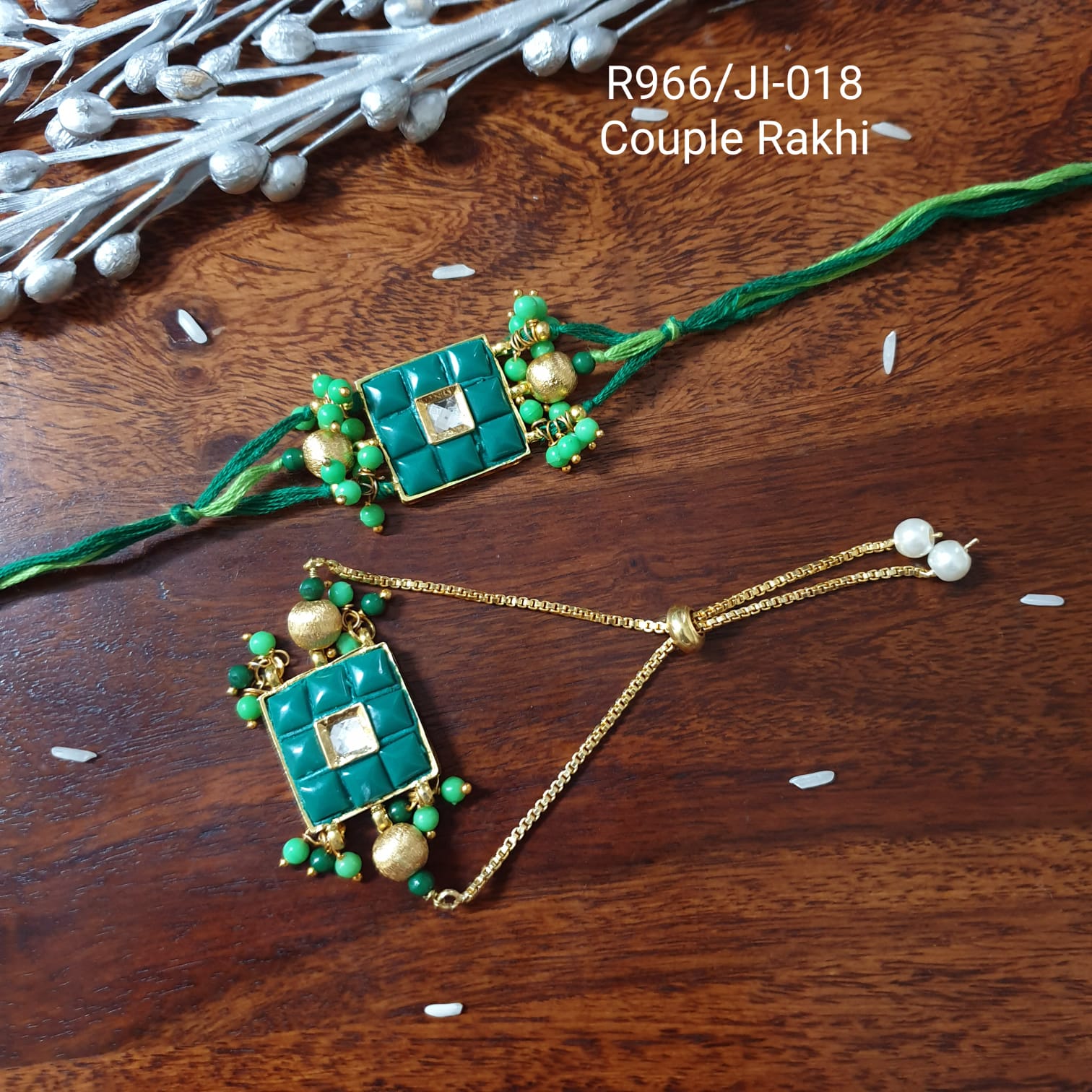 Green Kundan Rakhi For Bhaiya Bhabhi For Rakshabandhan