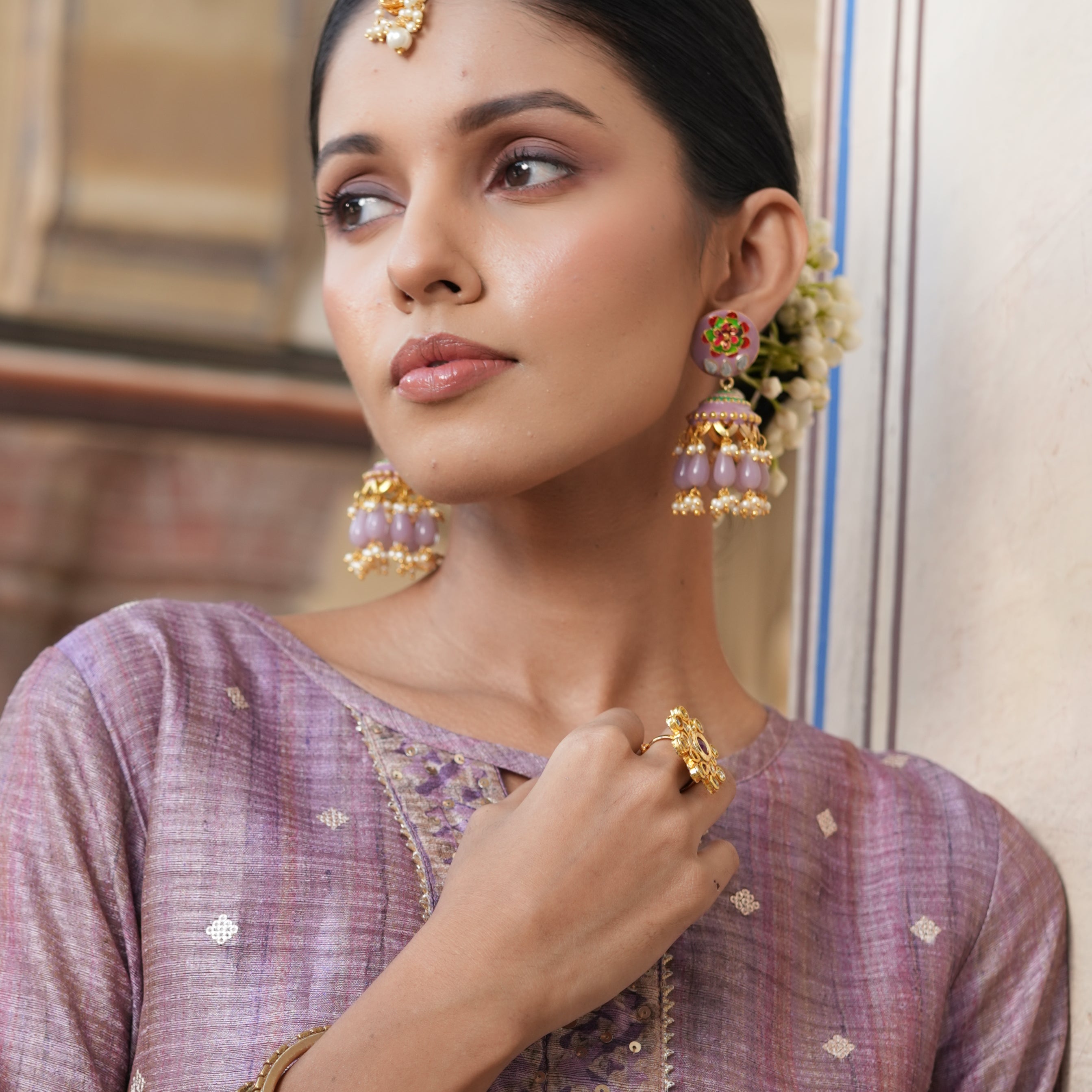 Lavender Meenakari Beaded Jhumki Earrings