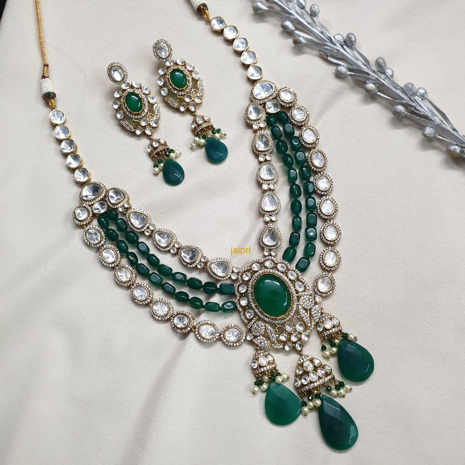 Kundan Polki Long Necklace Set With Earrings