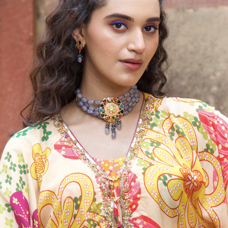 Multicolor Kundan Meenakari Choker Necklace With Earrings