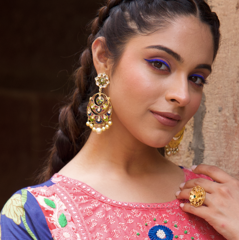 Kundan Meenakari Chandbali Earrings