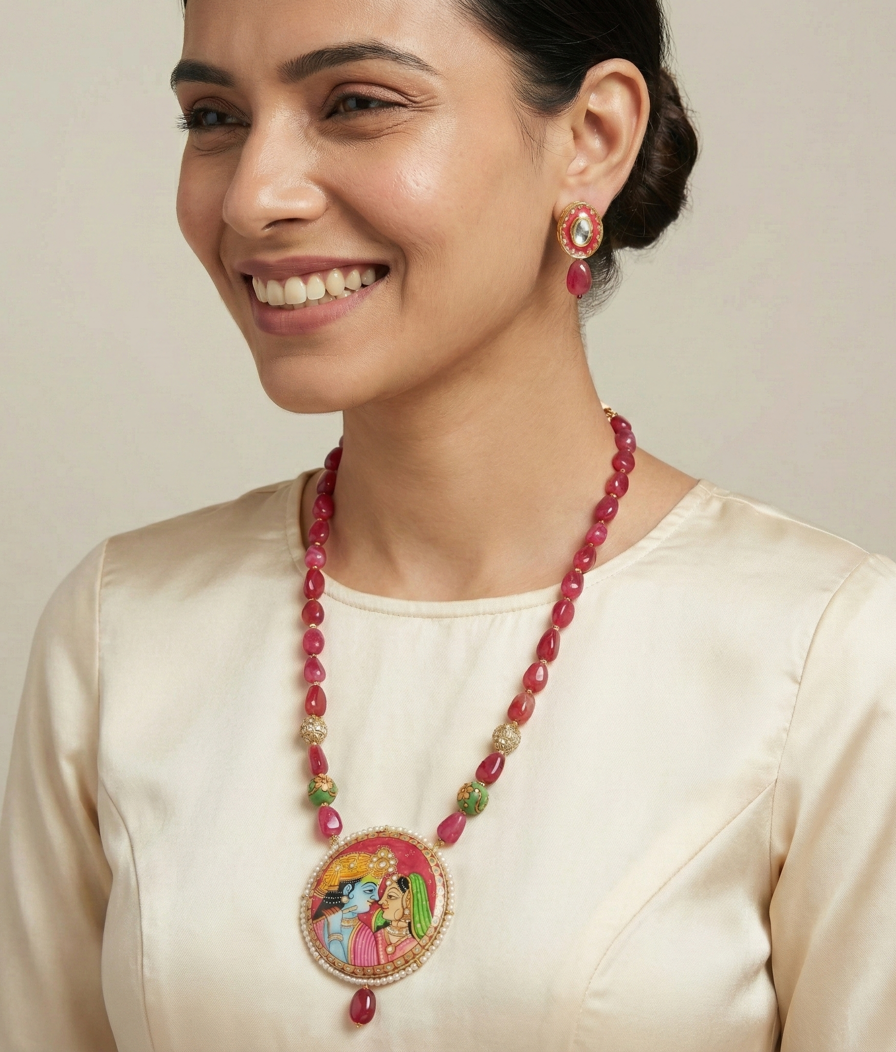 Hot Pink Stone Handpainted Radha Krishna Set With Earrings