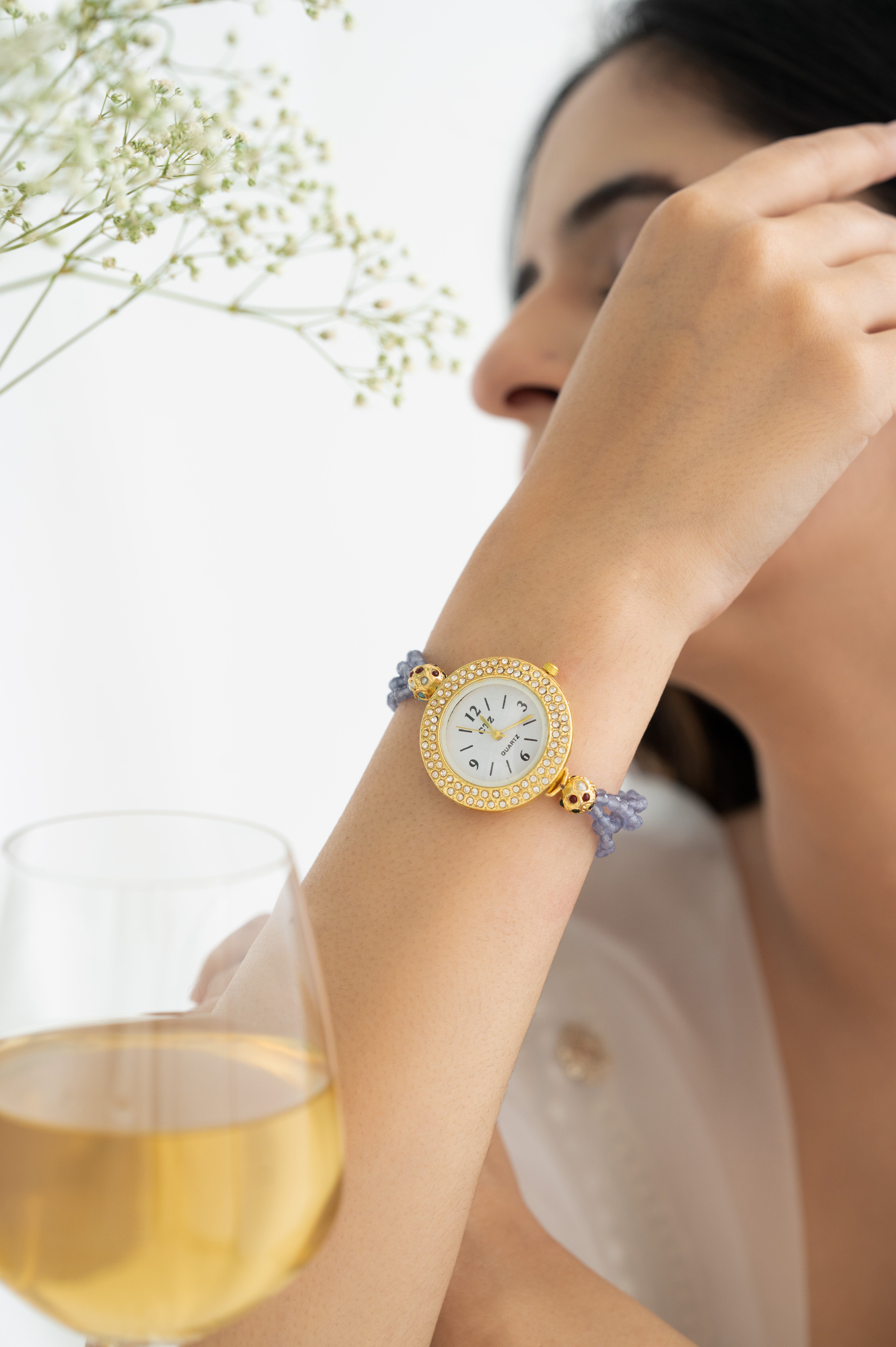 Gold Plated Designer Stone Dial Beaded Wrist Watch