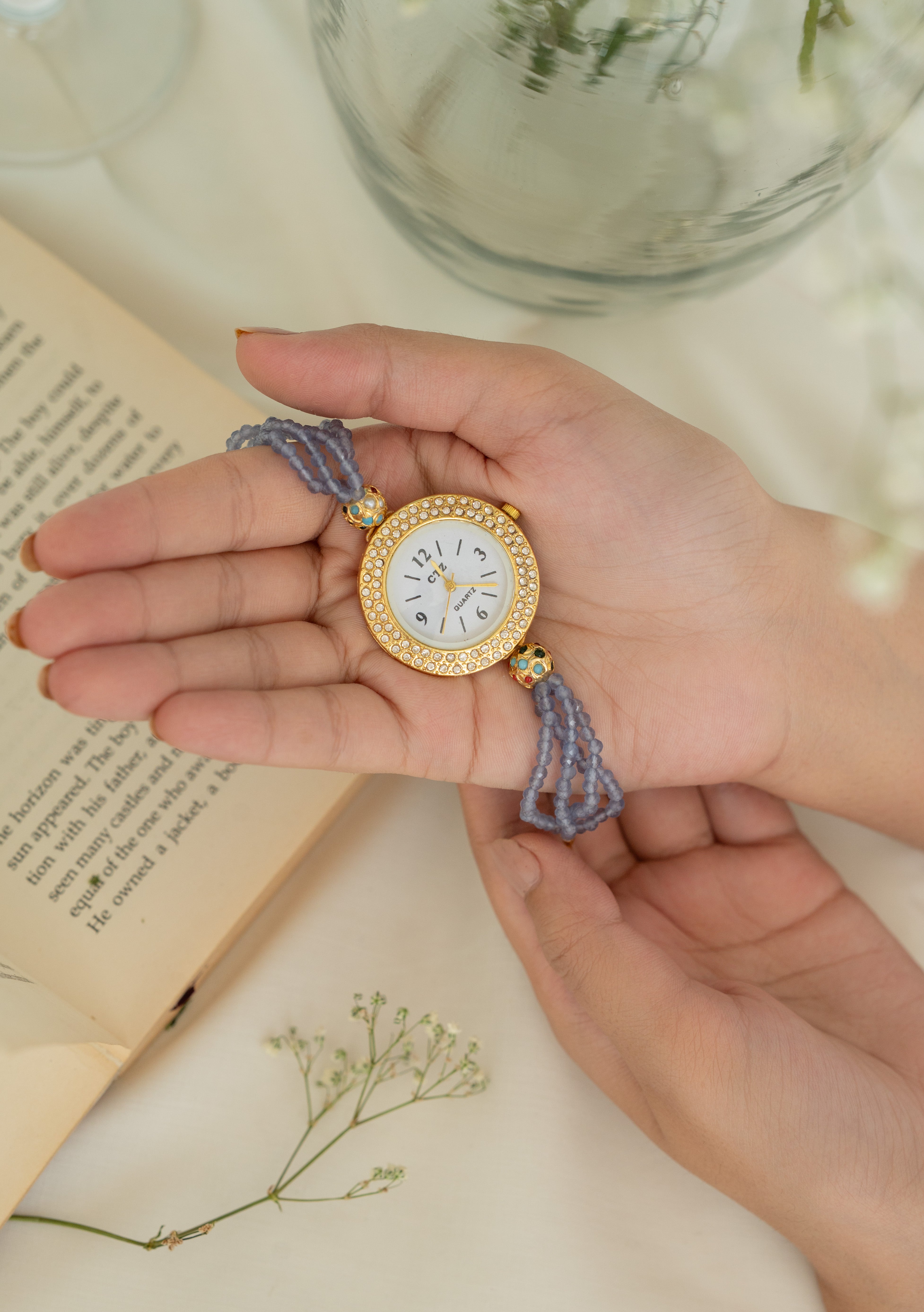 Gold Plated Designer Stone Dial Beaded Wrist Watch