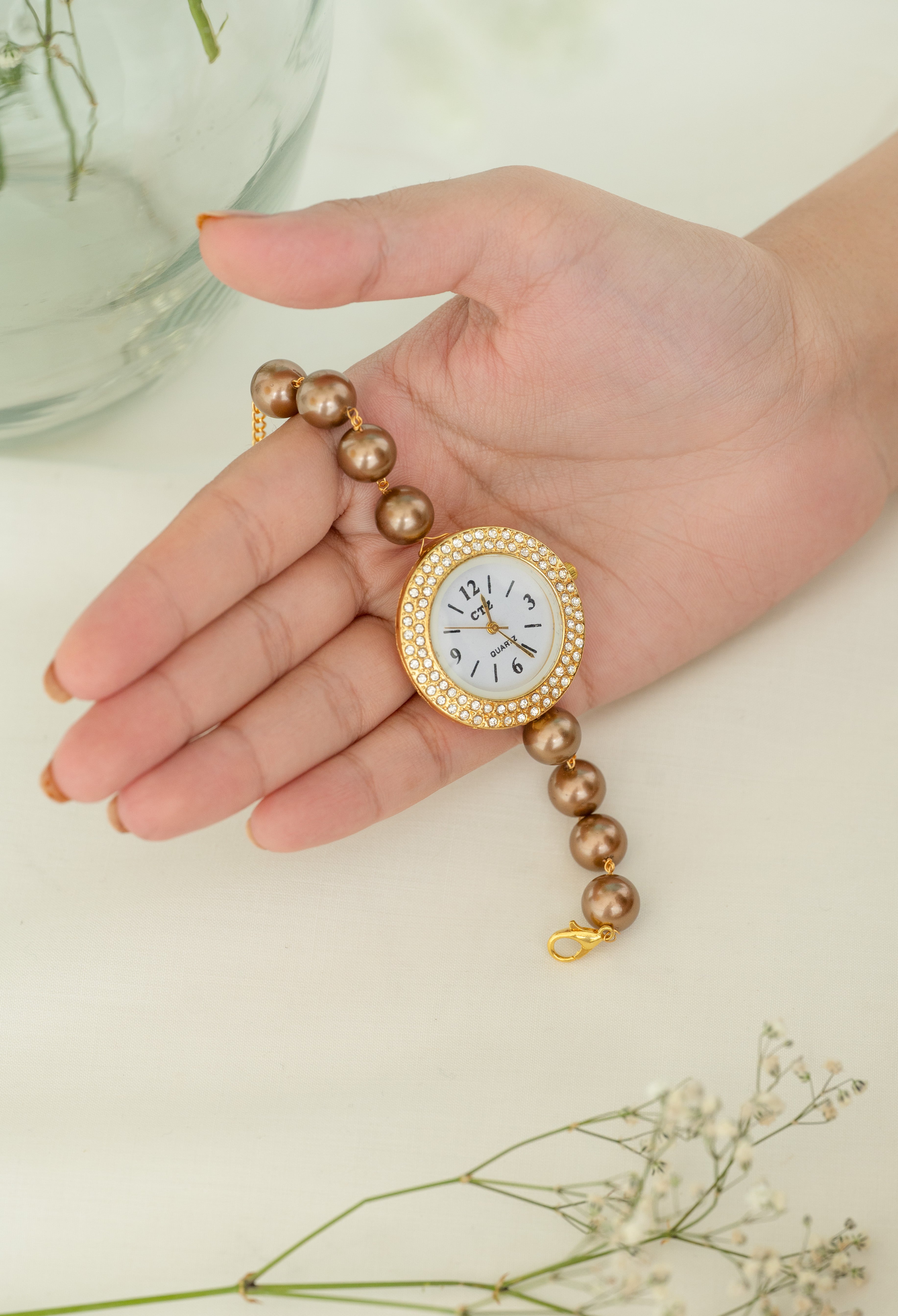 Elegant Brown Pearl Beaded Gold-Plated Women’s Wrist Watch