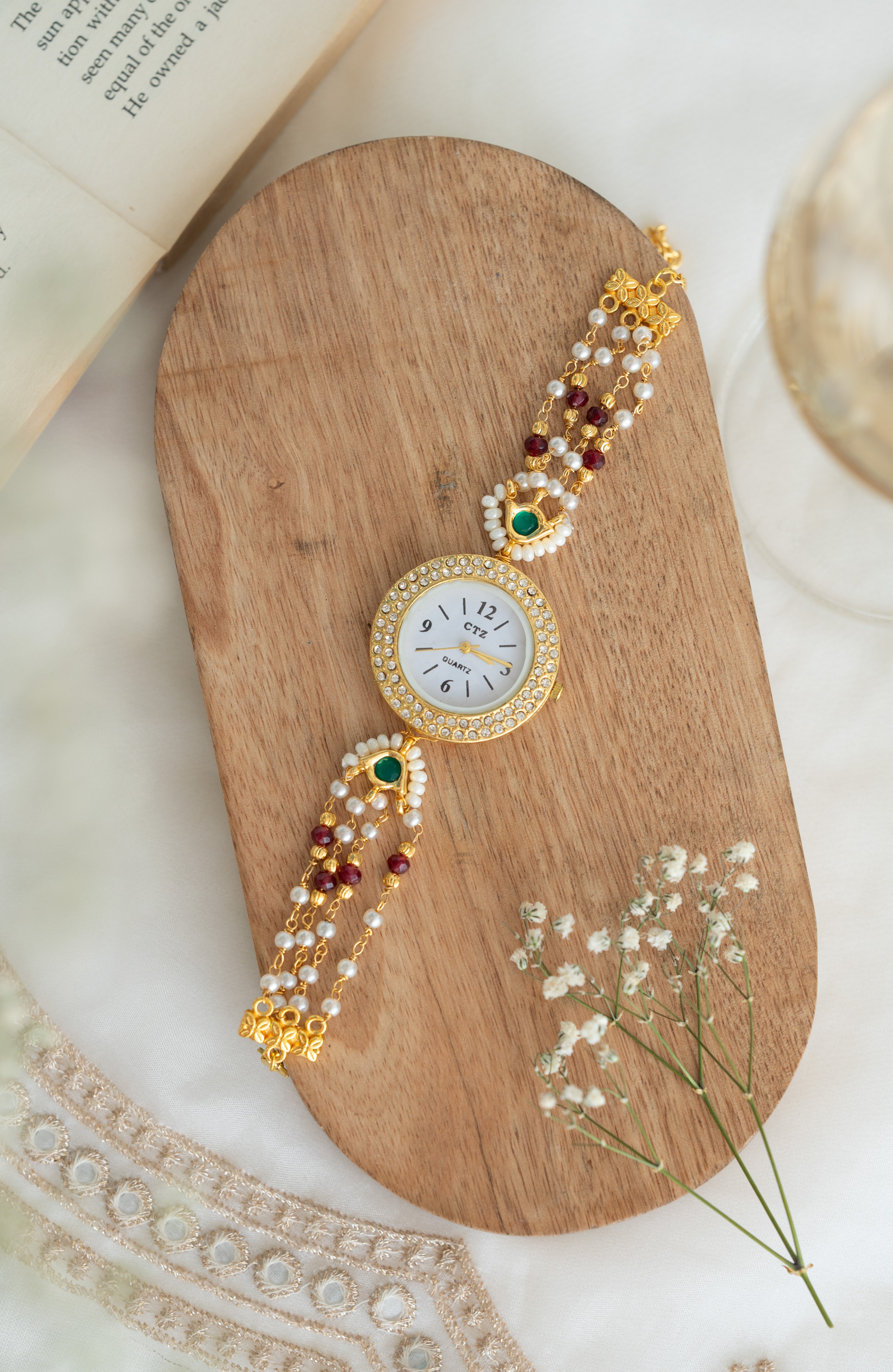 Gold Plated Round Dial Wrist Watch with Multi Stones