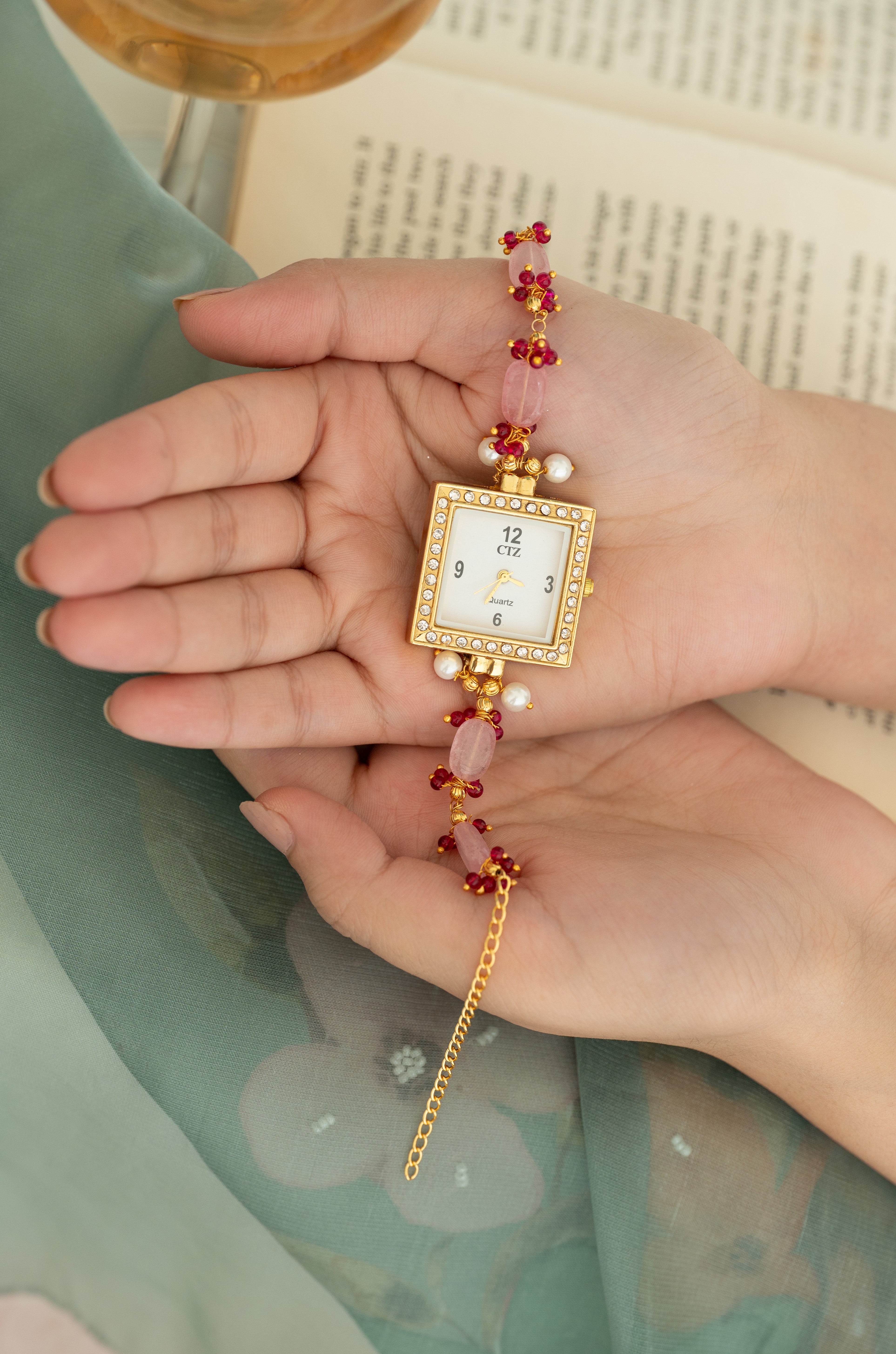 Gold Plated Square Dial Wrist Watch with Pink Beads and Pearls
