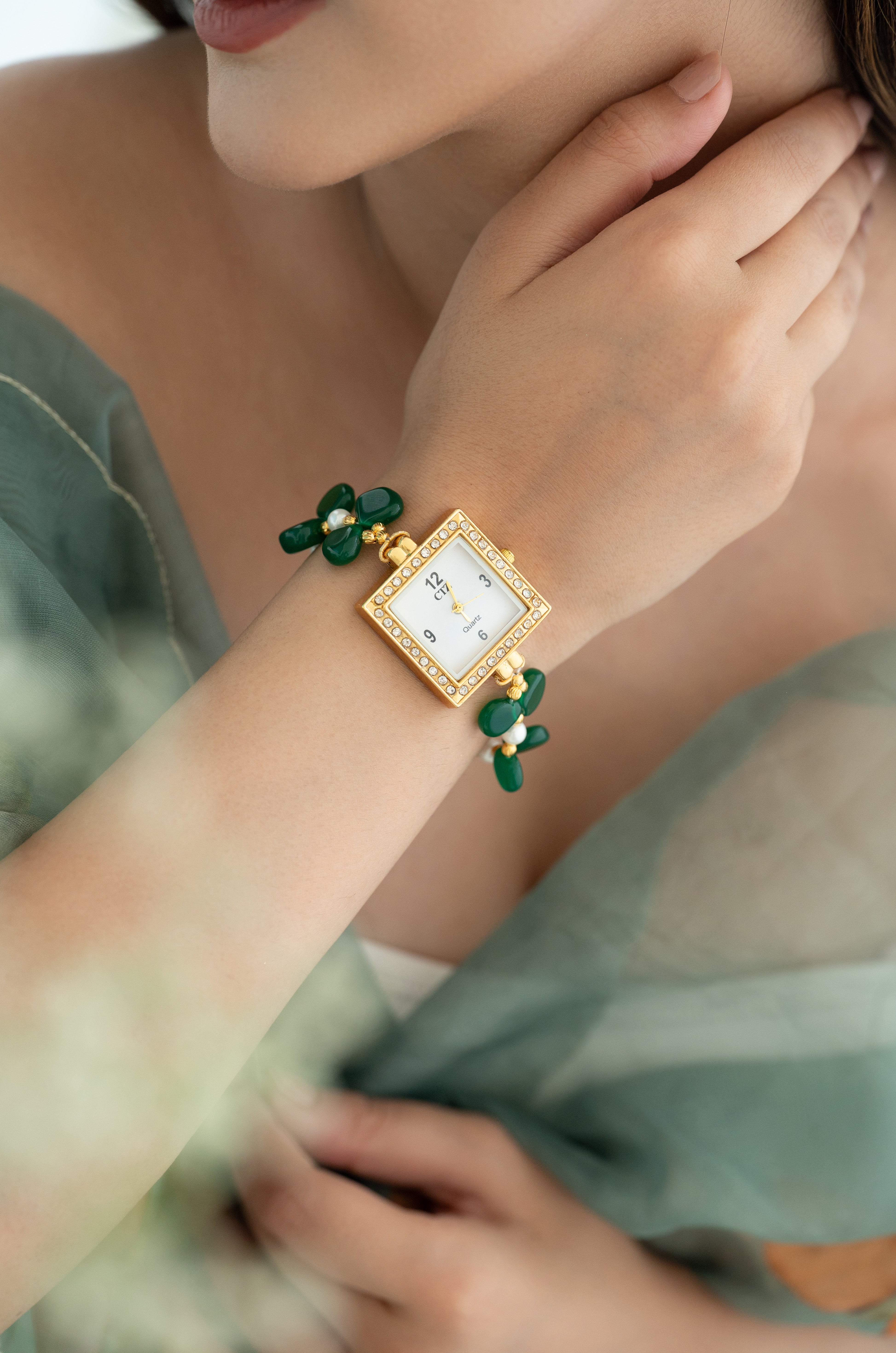 Elegant Green Beaded Gold Plated Dial with Pearl Accents