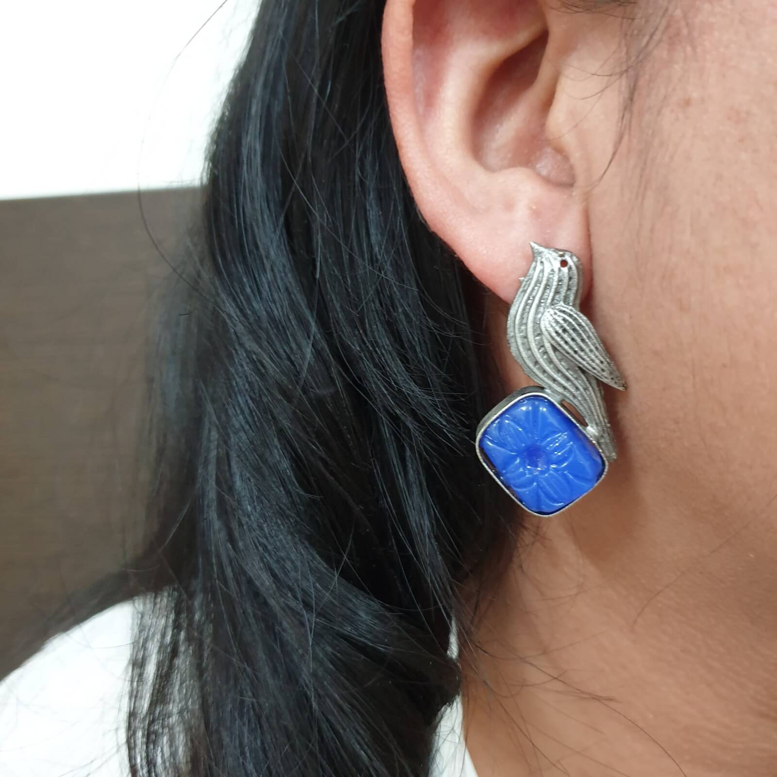 Unique Bird Design Blue Stone Ear Studs