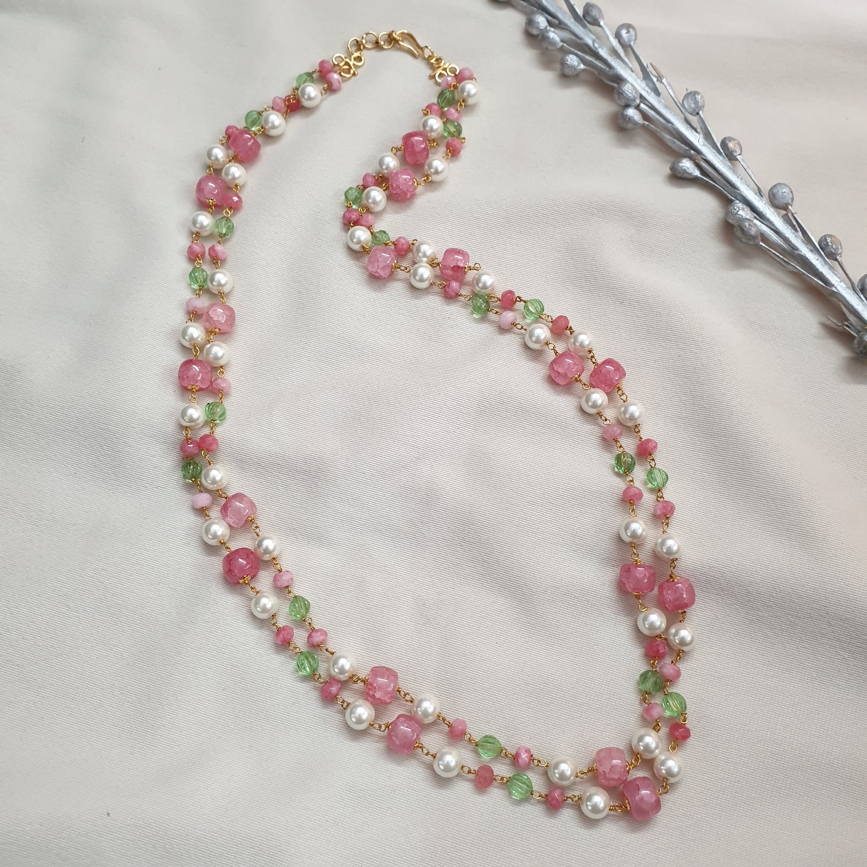 Pink Stone Double Layered Beads Pearl Long Mala