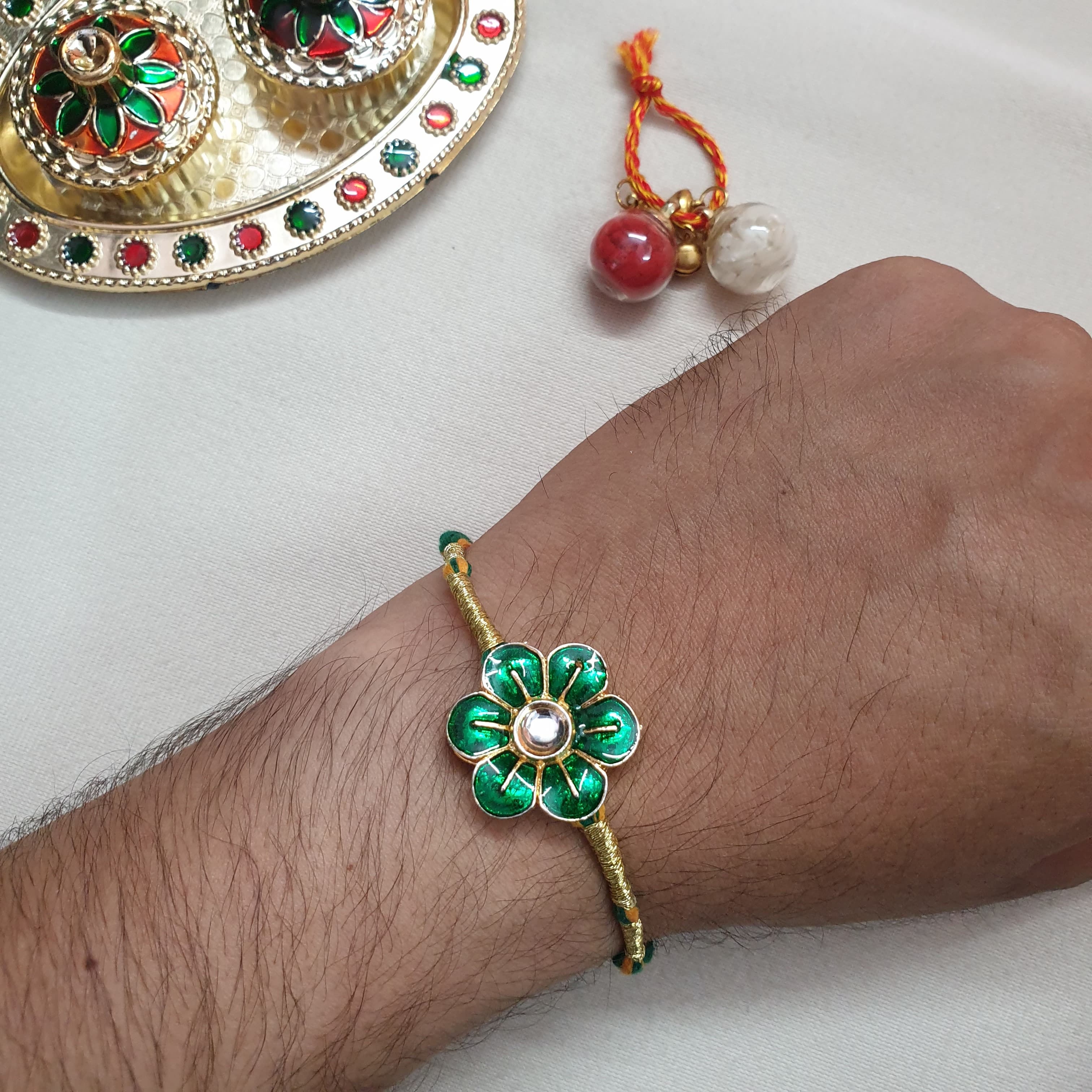 Green Floral Kundan Meenakari Rakhi
