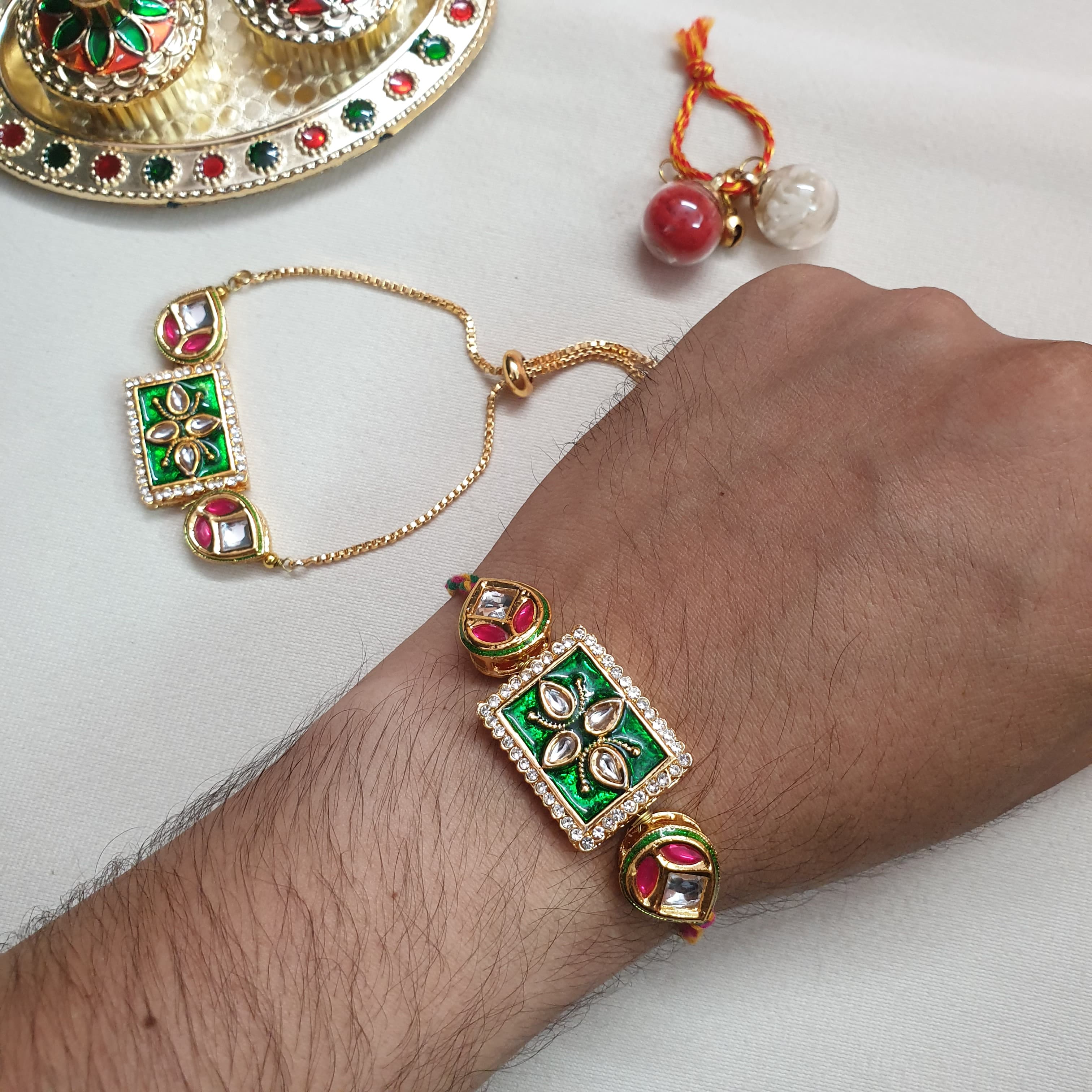 Green Kundan Meenakari Bhaiya Bhabhi Rakhi