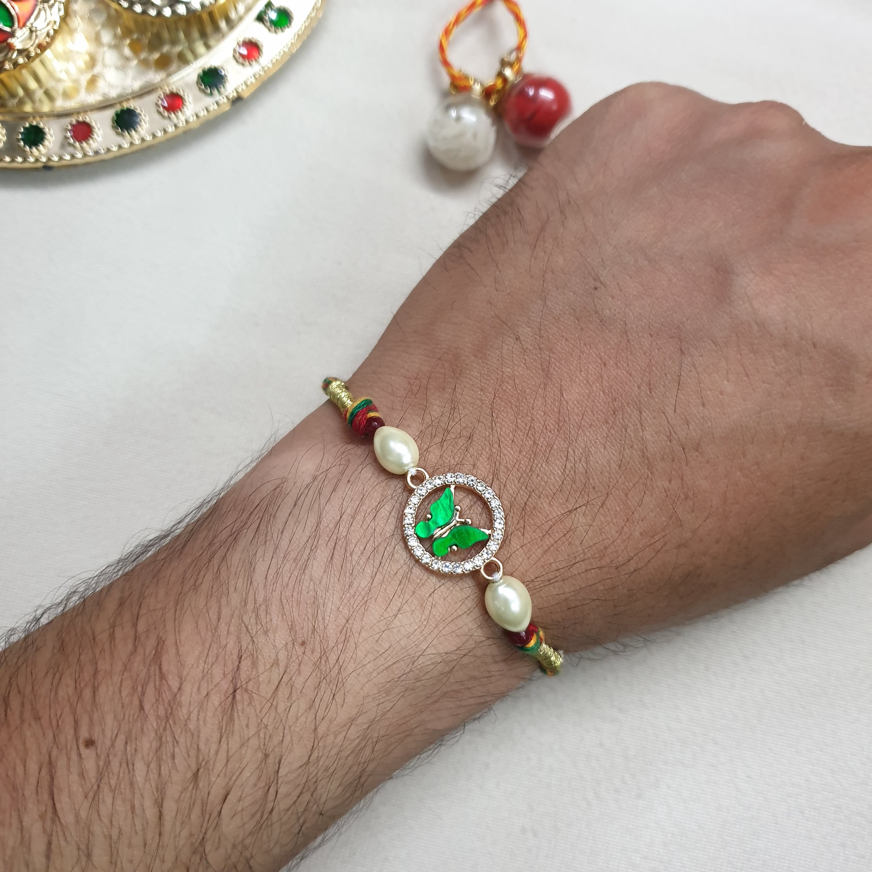 Green Enamel Butterfly Rakhi