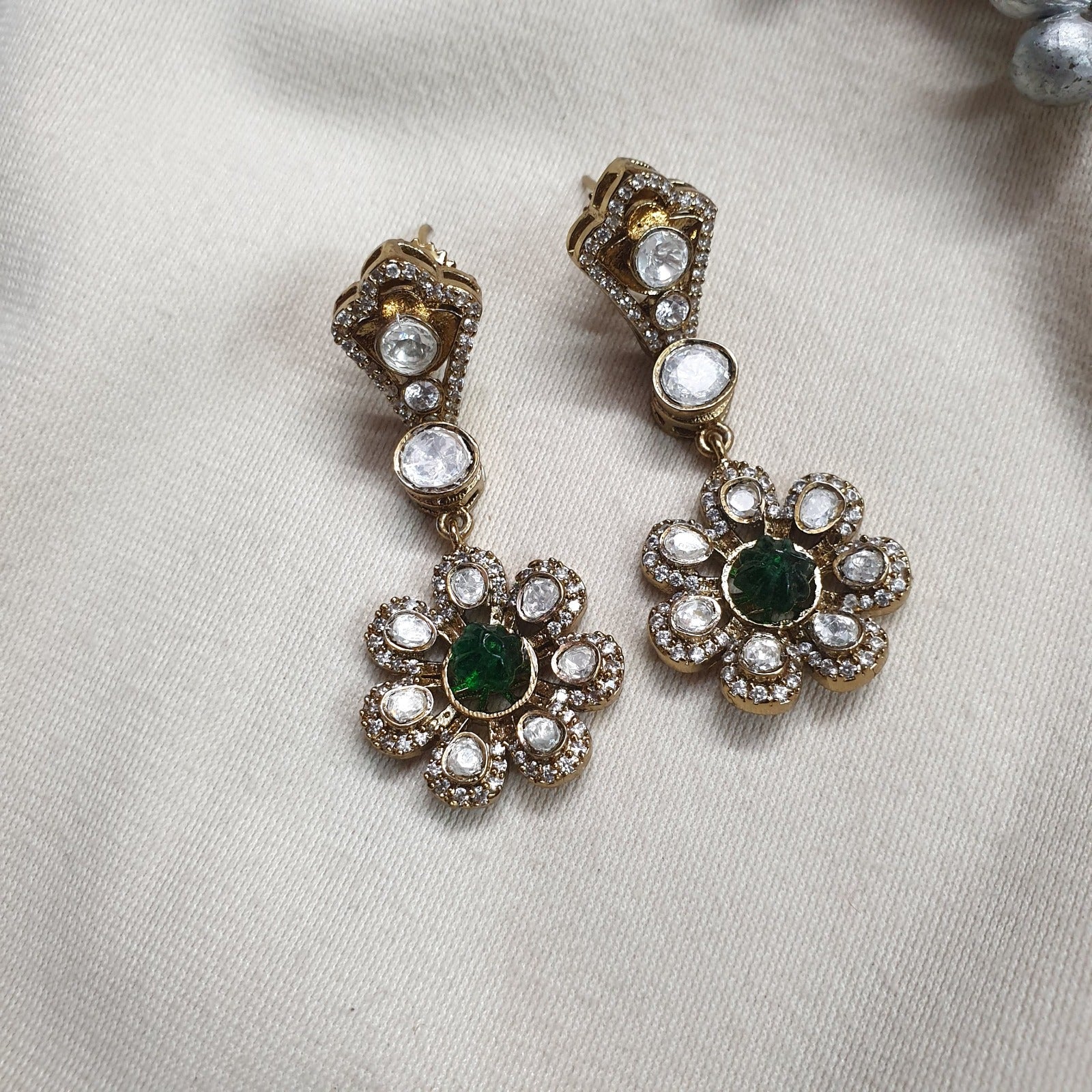 Kundan Polki Mossianite Stone Emerald Floral Earrings