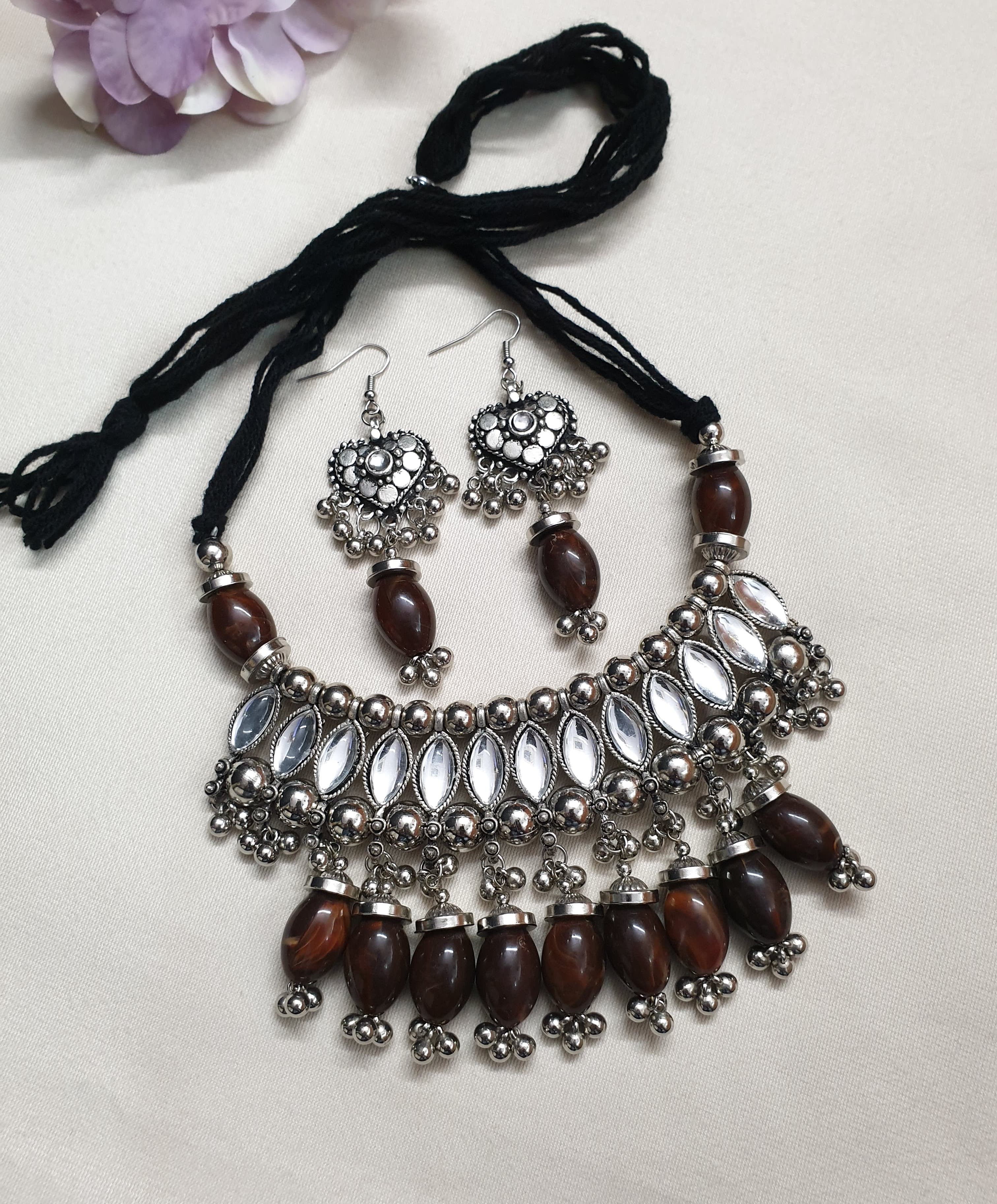 Oxidised Silver Brown Bead Choker Mirror Necklace