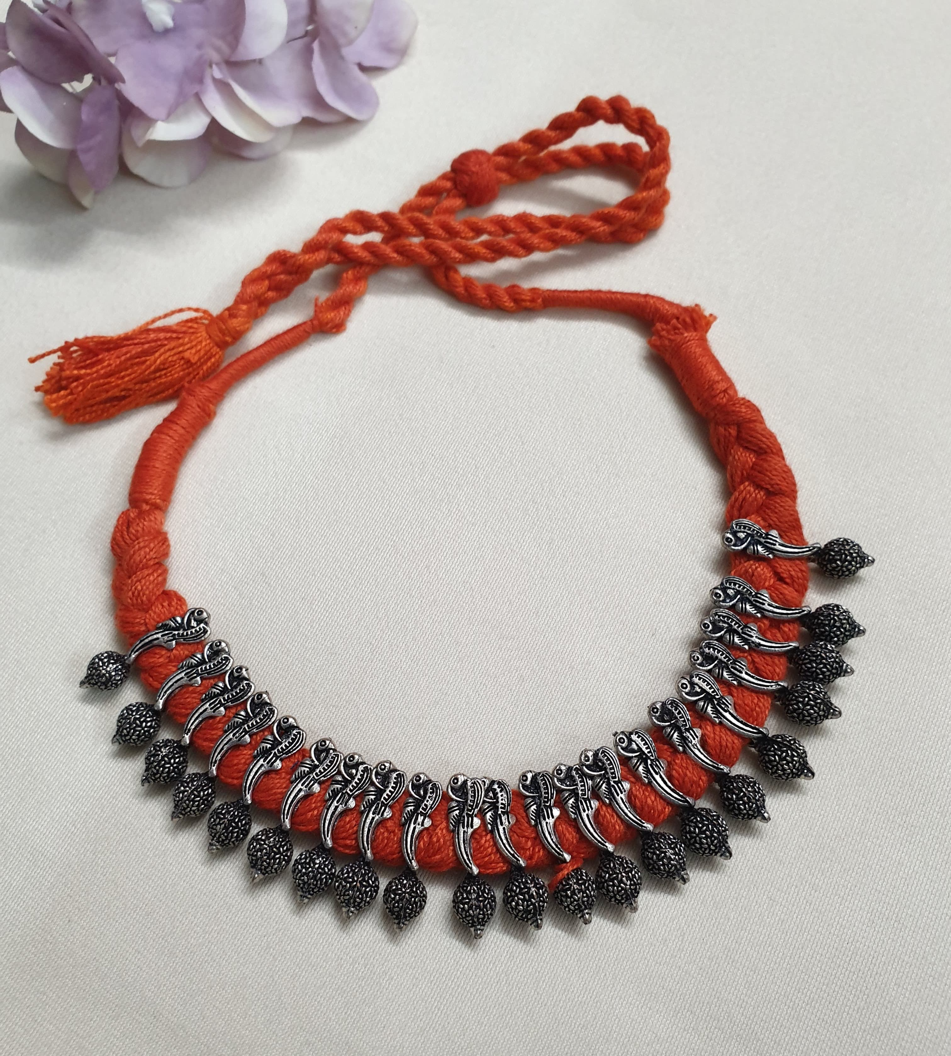 Oxidised Silver Orange Thread Necklace