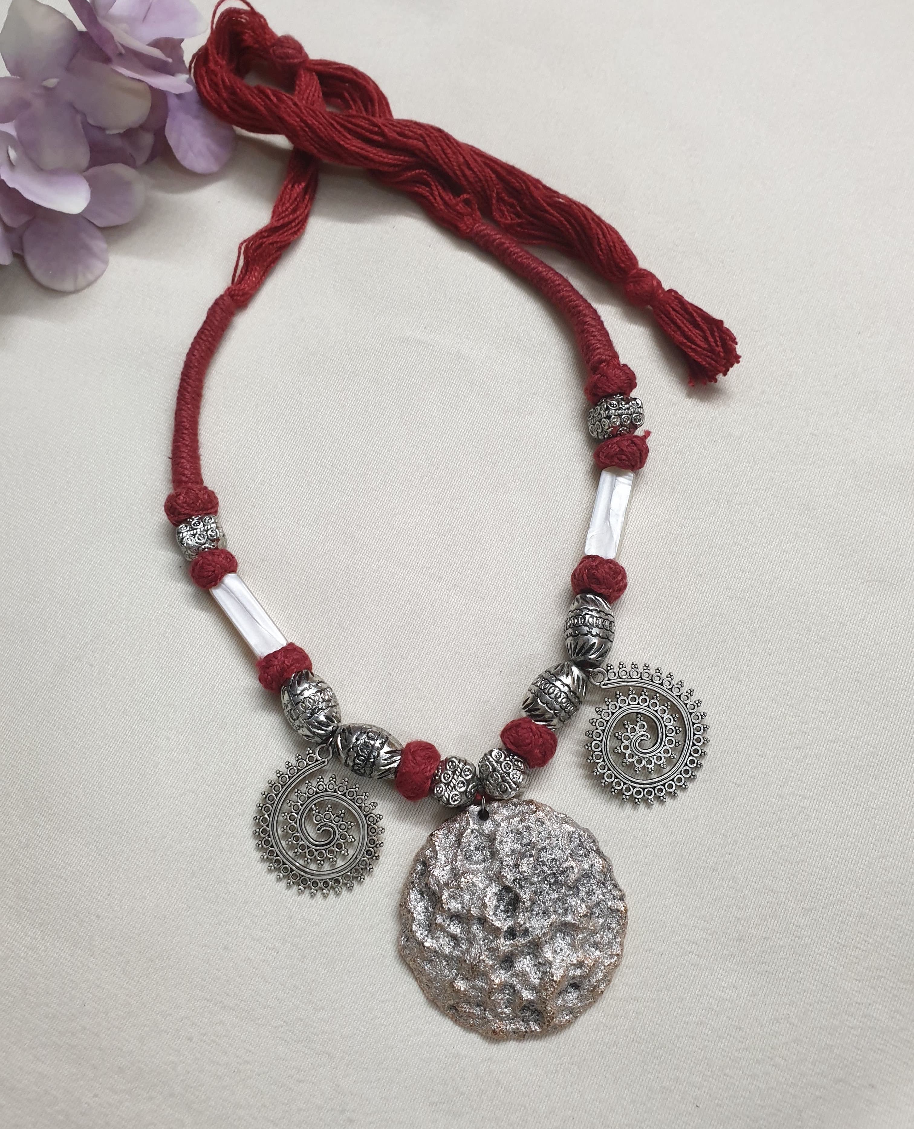 Oxidised Silver Tone Maroon Thread Necklace
