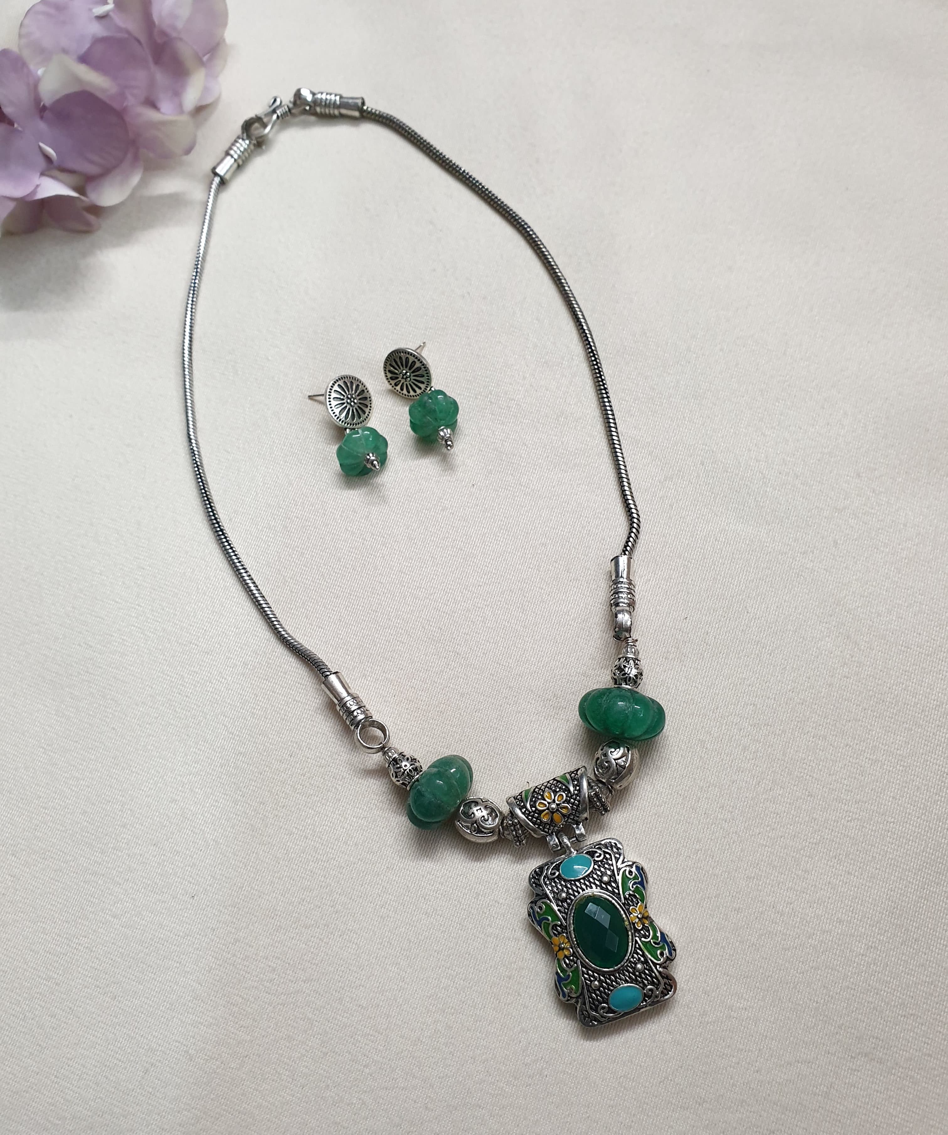 Green Stone Oxidized Necklace With Earrings