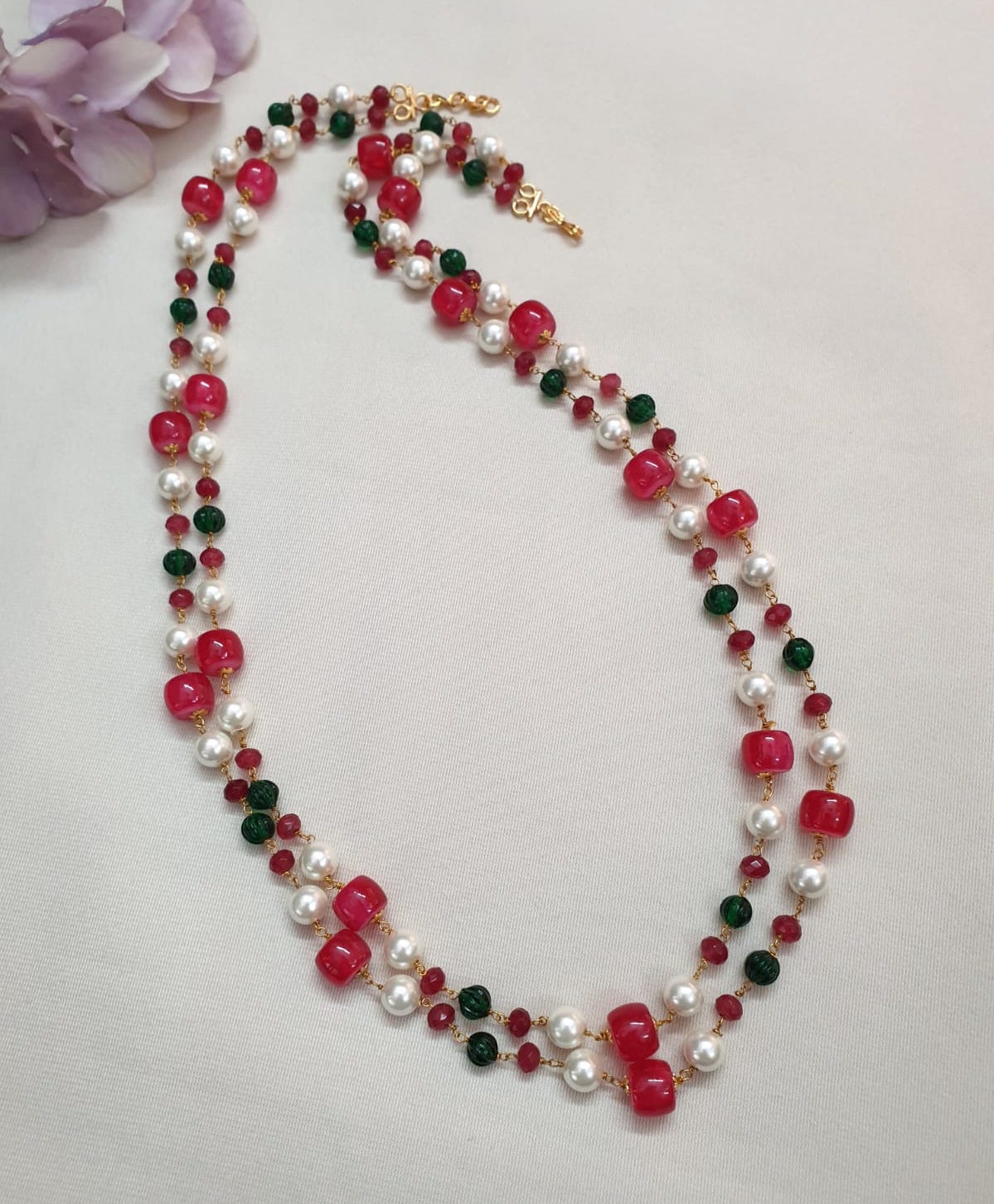 Red Stone Layered Pearl Long Mala