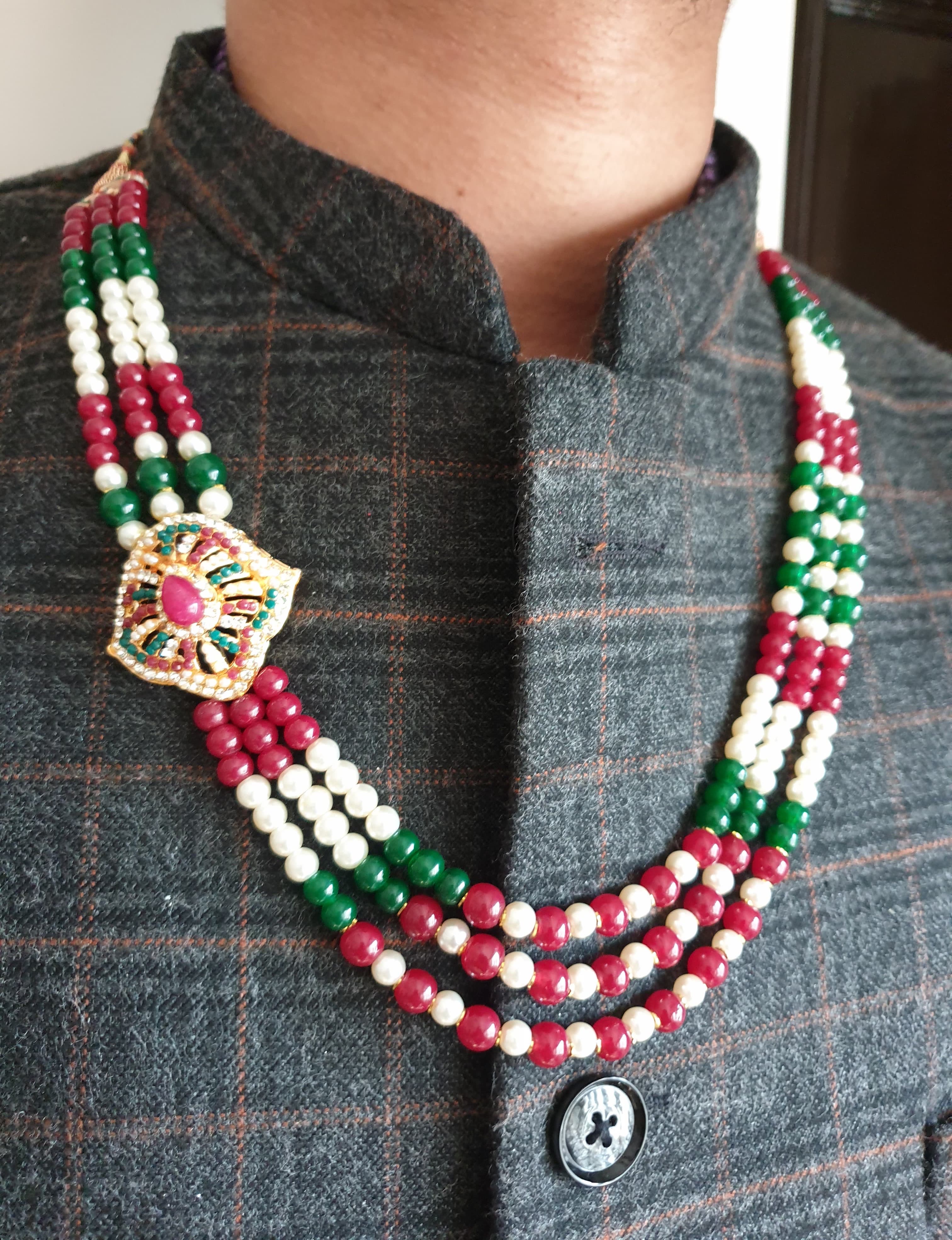 Multicolor Beads With Jadau Brooch Groom Necklace for wedding