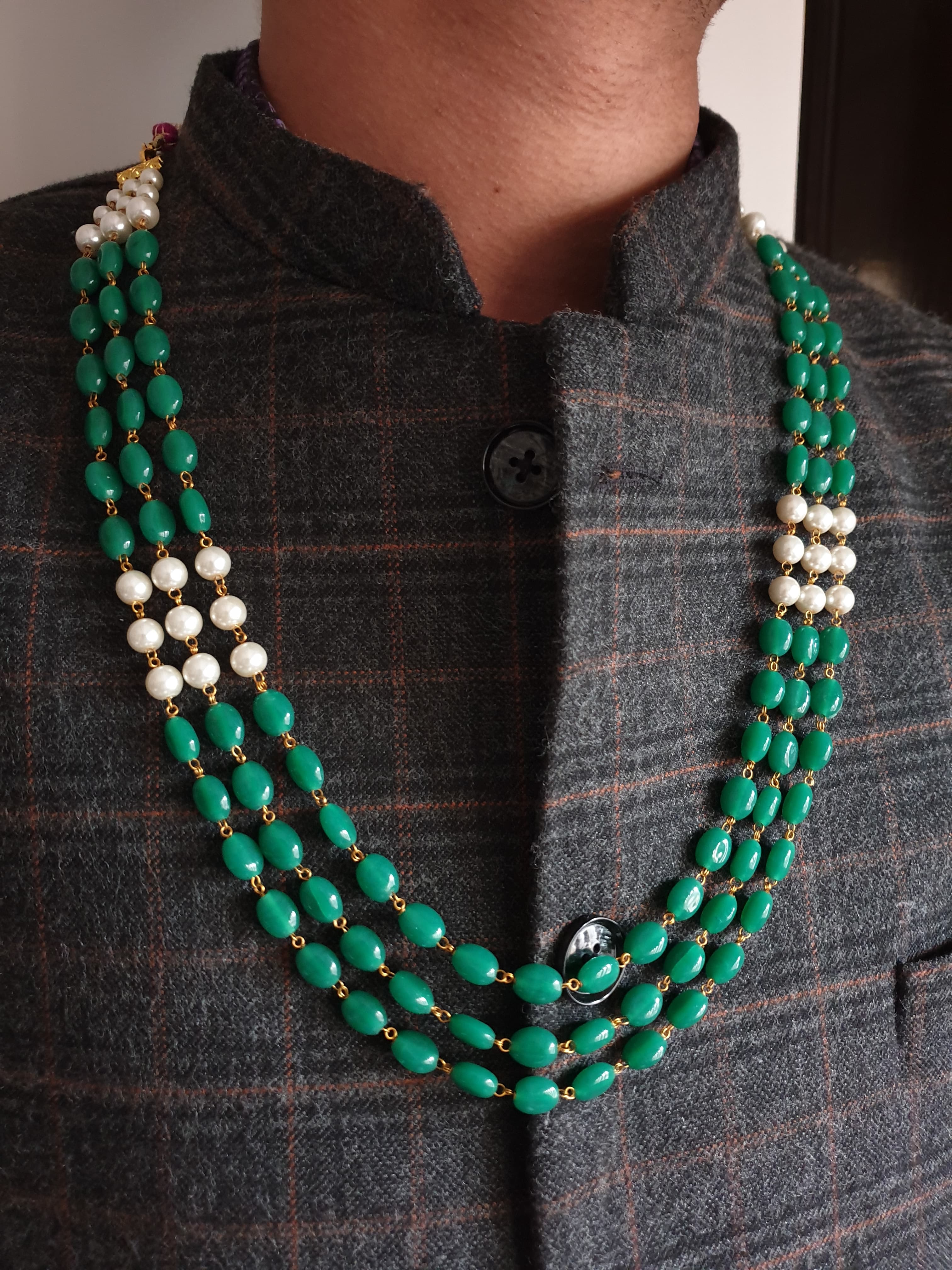 Green Stone With Pearl Layered Groom Necklace Set