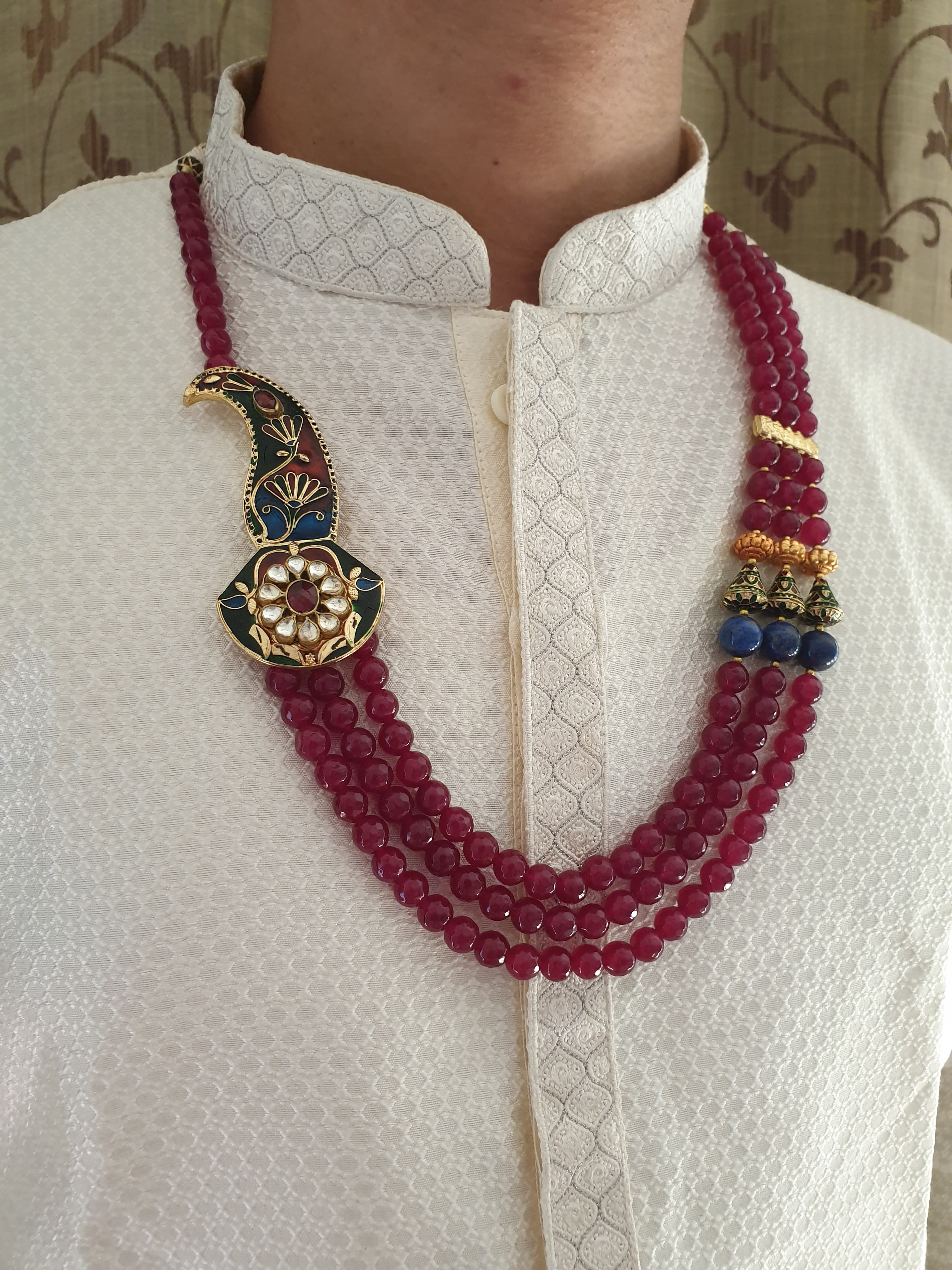 Red Beaded Indian Groom Jewellery With Meenakari Brooch