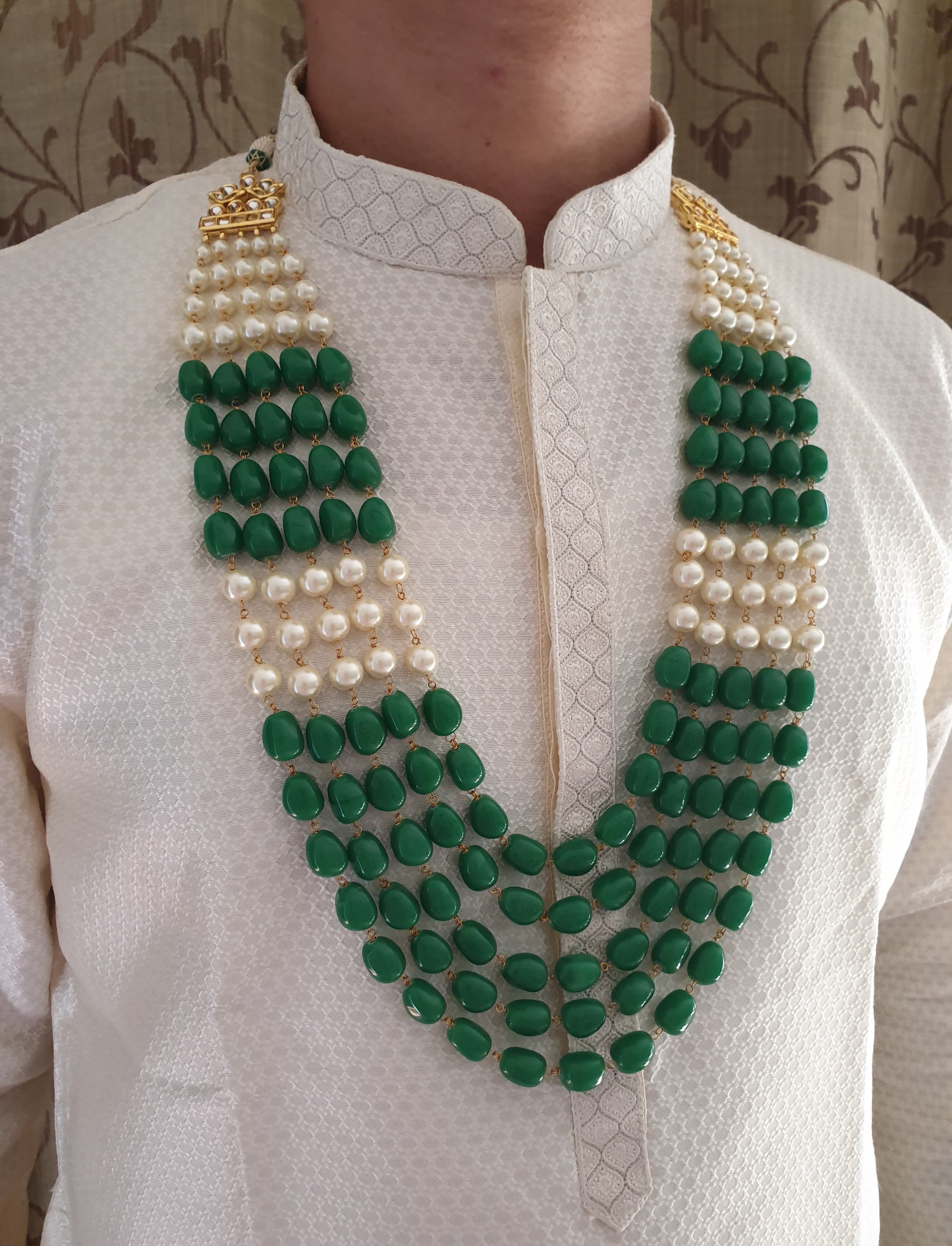 Green Stone With Pearl Long Five Layered Groom Necklace