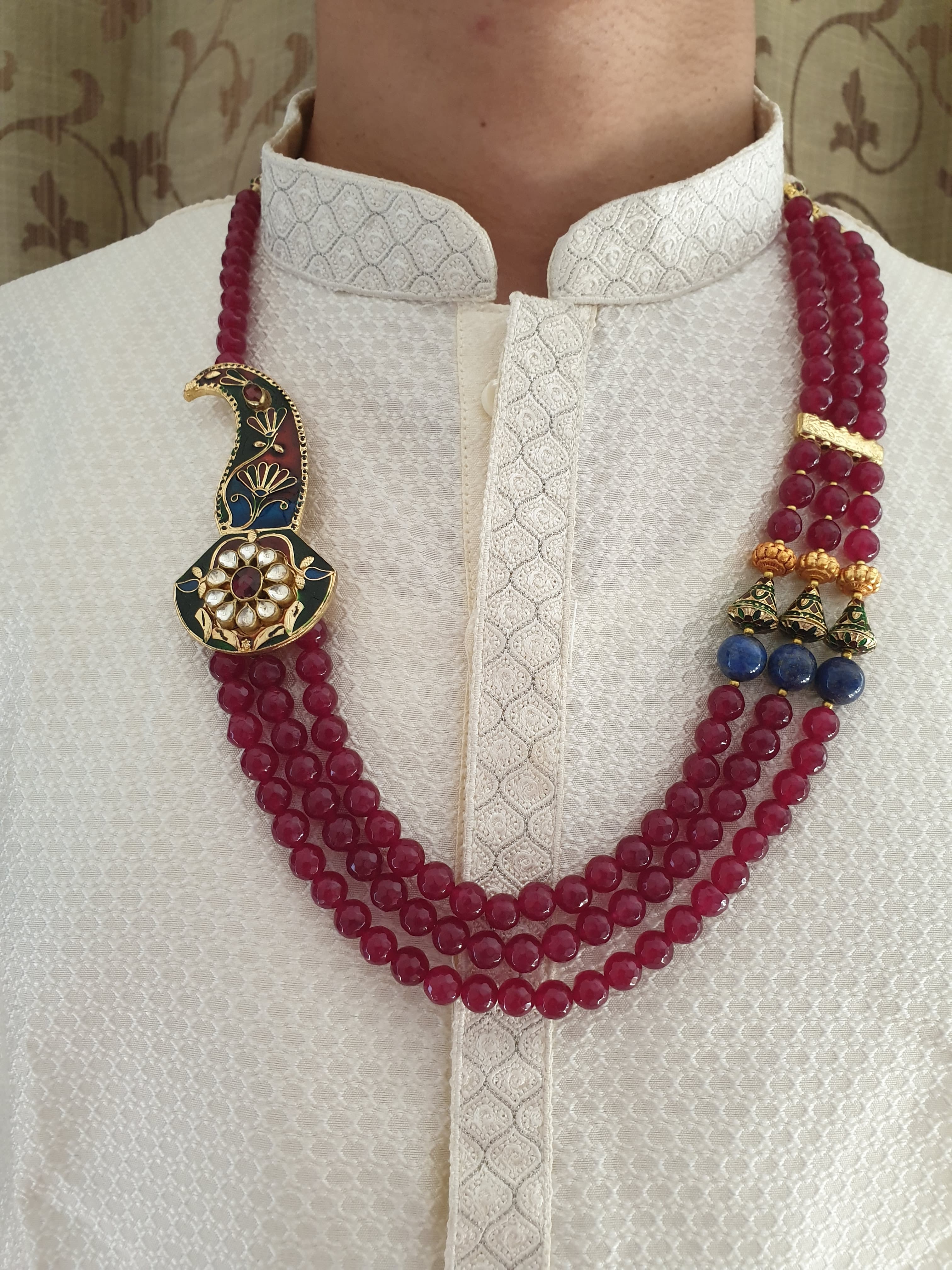 Red Beaded Indian Groom Jewellery With Meenakari Brooch