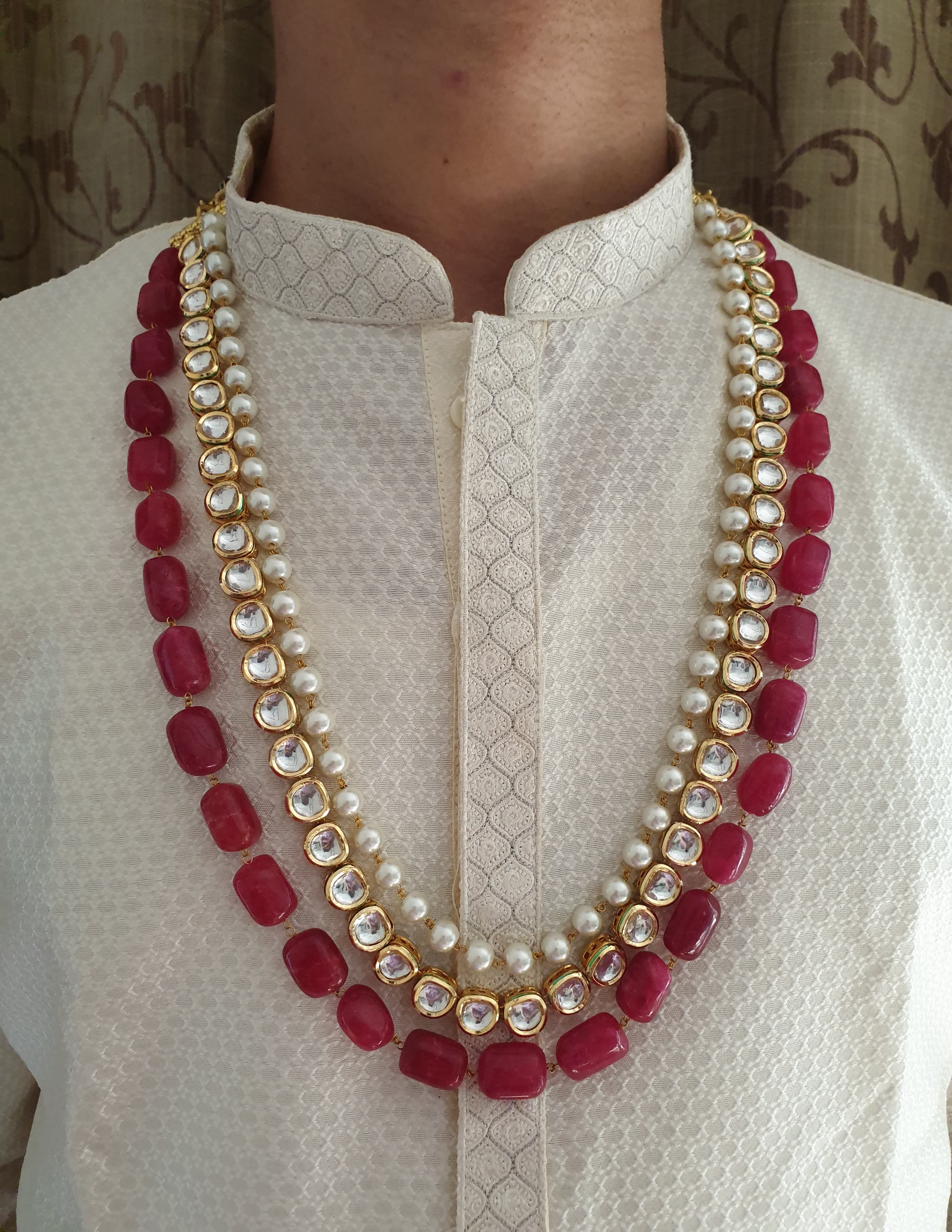 Ruby Beaded Kundan Pearl Groom Necklace Set